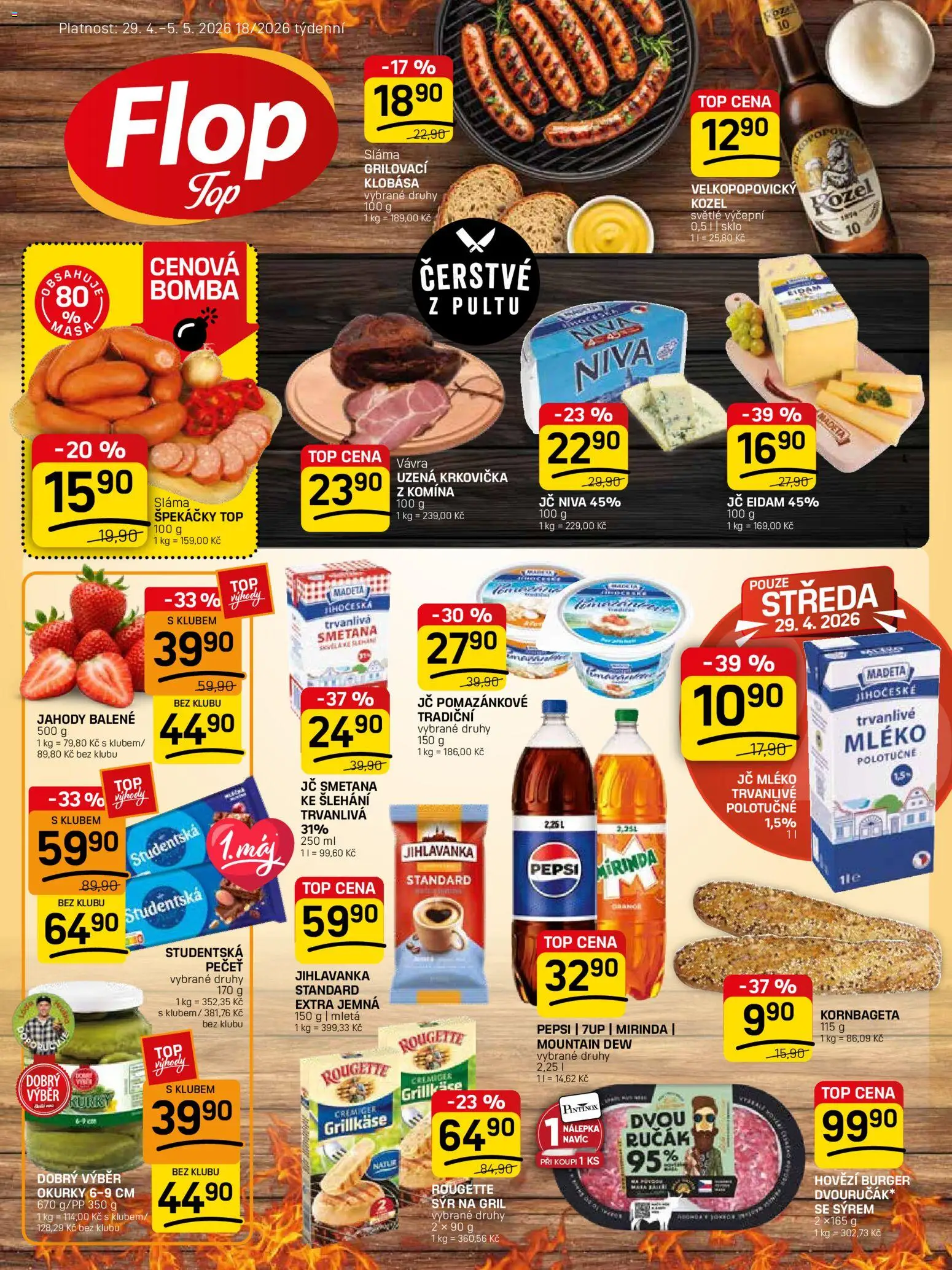 Flop leták - FlopTop od 29.04.2026 | Strana: 1 | Produkty: Burger, Špekáčky, Jihlavanka, Eidam