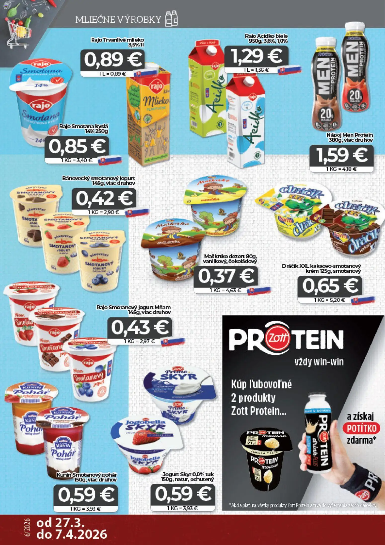 Nové CBA Komfos akcie – leták je platný od 27.03.2026 | Strana: 4 | Produkty: Mlieko, Protein, Krém, Acidko