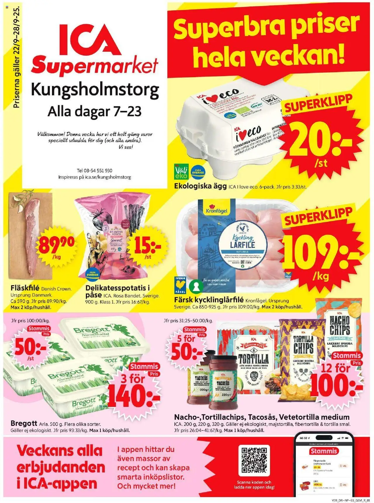 ICA Supermarket reklamblad aktuell från 22.09.2025 | Sida: 1 | Produkter: Tortilla, Tacosås, Bregott, Ägg
