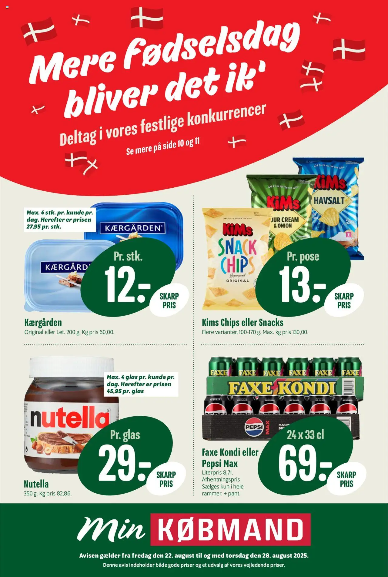 Min Købmand Tilbudsavis gyldig fra 22.08.2025 | Side: 1 | Produkter: Chips, Faxe Kondi, Nutella, Pepsi
