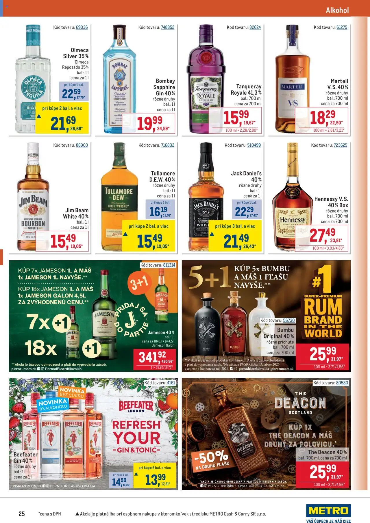 Nové Metro akcie – leták je platný od 08.10.2025 | Strana: 25 | Produkty: Beefeater, Jim Beam, Bourbon, Jack Daniel's