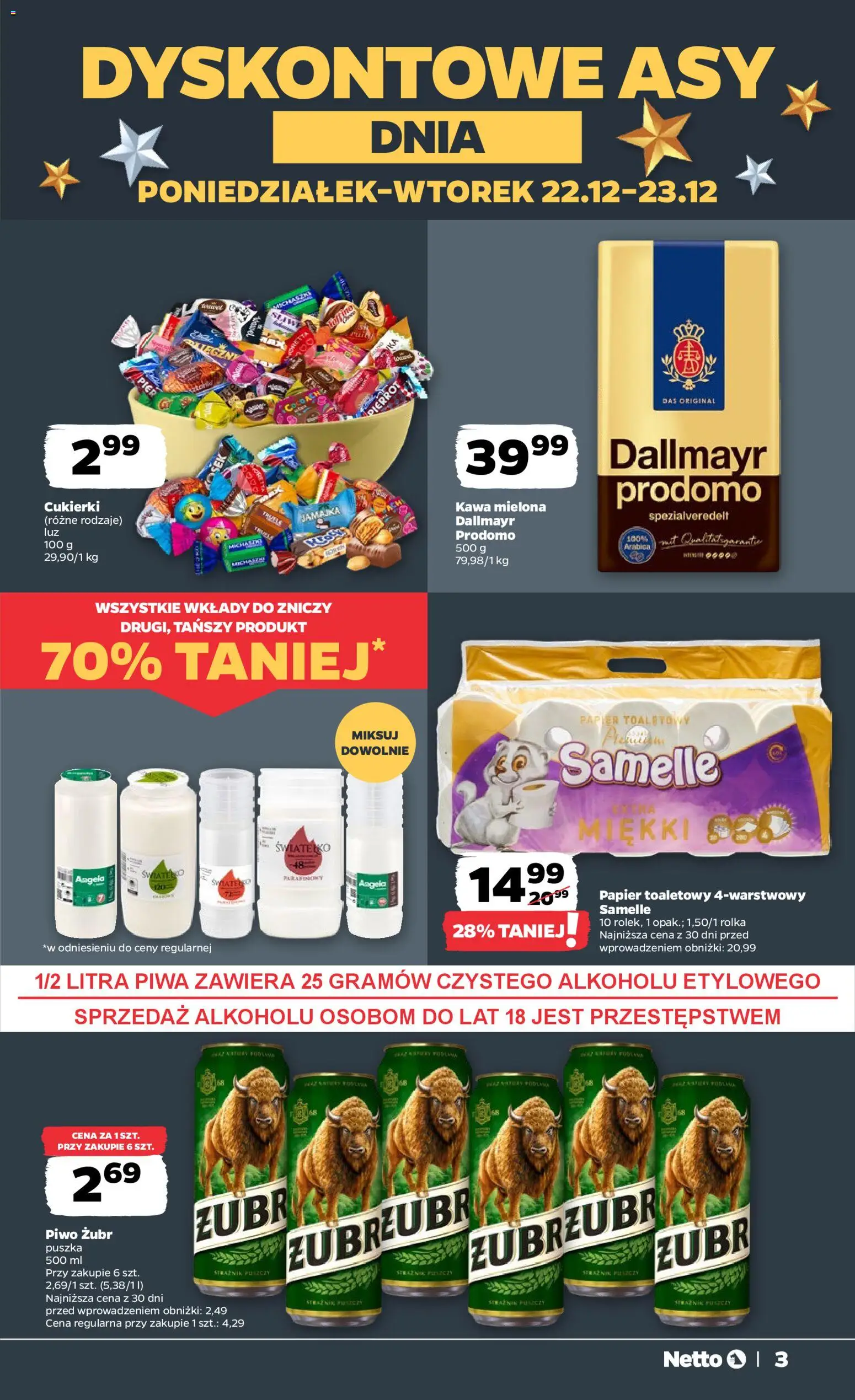 Netto gazetka - Spożywcza od 22.12.2025 | Strona: 3 | Produkty: Wkłady do zniczy, Papier toaletowy, Piwo, Cukierki