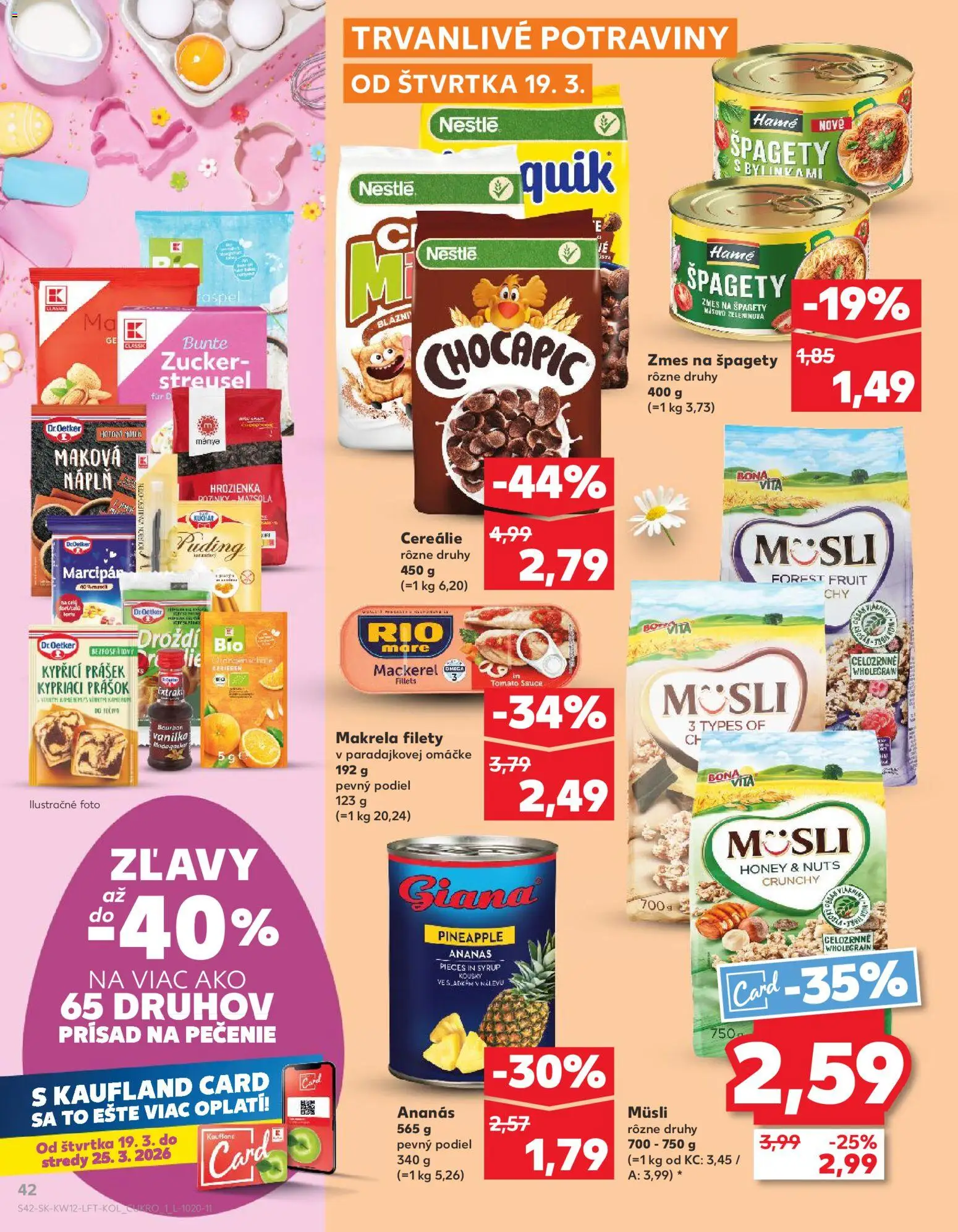 Nové Kaufland akcie – leták je platný od 19.03.2026 | Strana: 42 | Produkty: Puding, Rio Mare, Bourbon, Cereálie