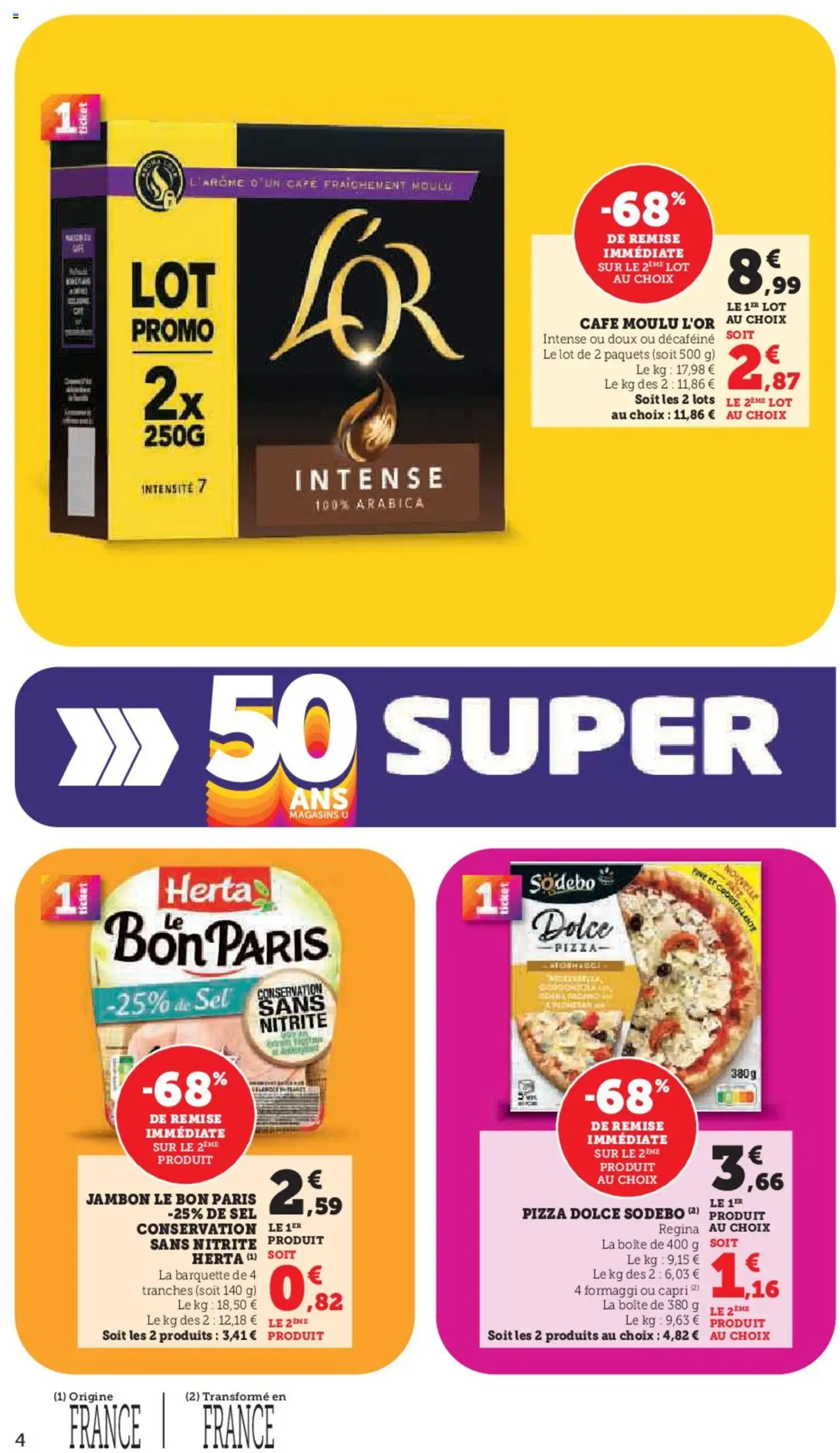 {H1} | Page: 4 | Produits: Sel, Café moulu, Café, Pizza