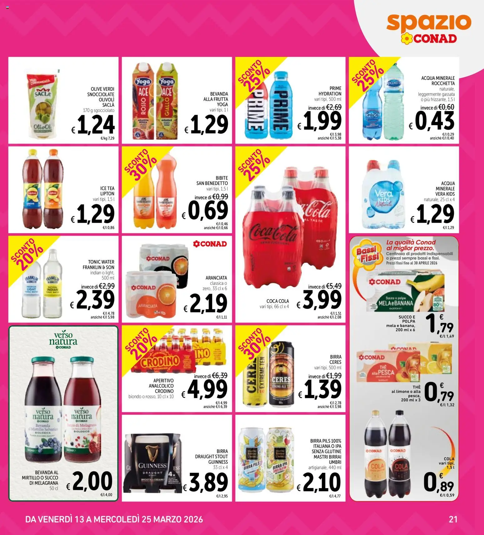 Volantino Spazio Conad del 13.03.2026 | Pagina: 21 | Prodotti: Birra, Acqua, Olive, Acqua minerale