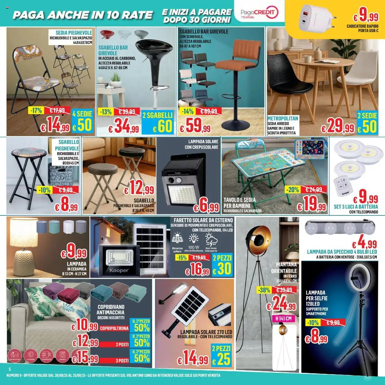 Volantino Satur del 28.08.2025 | Pagina: 5 | Prodotti: Faretto, Telecomando, Copridivano, Lampada solare