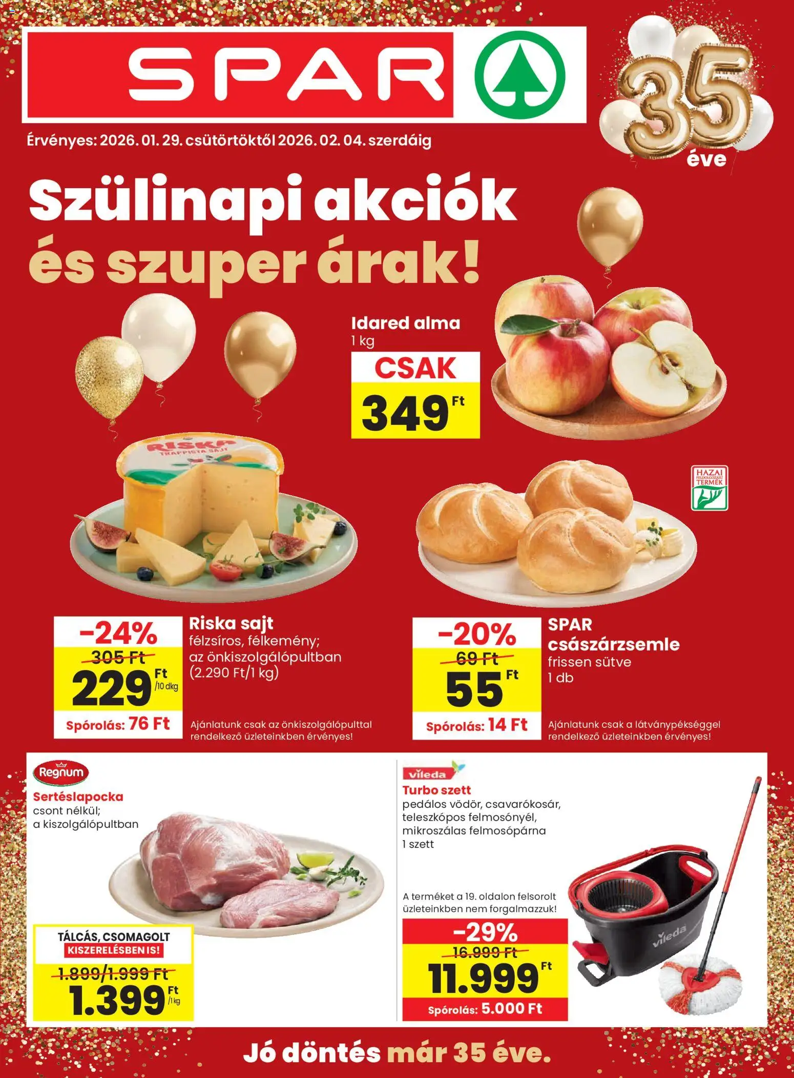 Spar akciós ujság - amely érvényes a következő dátumtól: 29.01.2026 | Oldal: 1 | Termékek: Sertéslapocka, Császárzsemle, Riska sajt, Alma