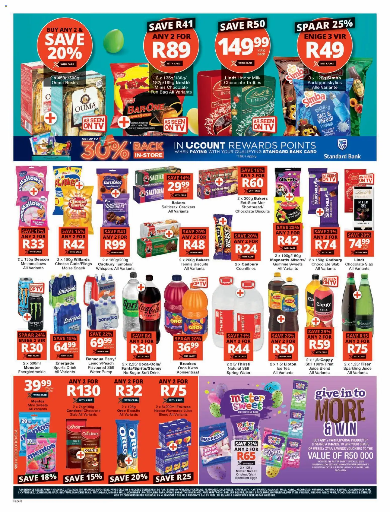 New Checkers catalogue – valid from 23.03.2026 | Page: 8 | Products: Bag, Chocolate, Water, Fruit