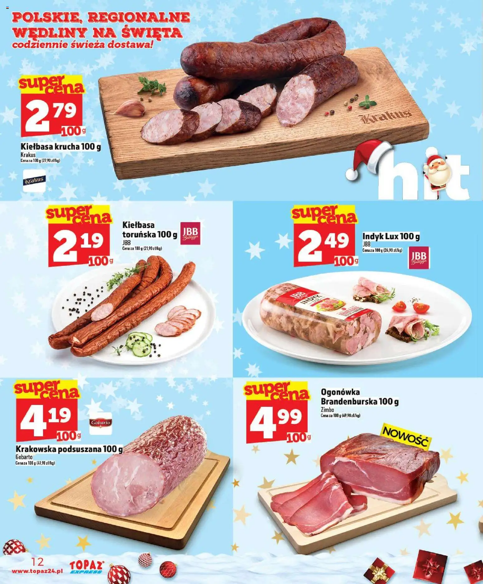 Topaz Gazetka - Express od 18.12.2025 | Strona: 12 | Produkty: Kiełbasa, Wędliny