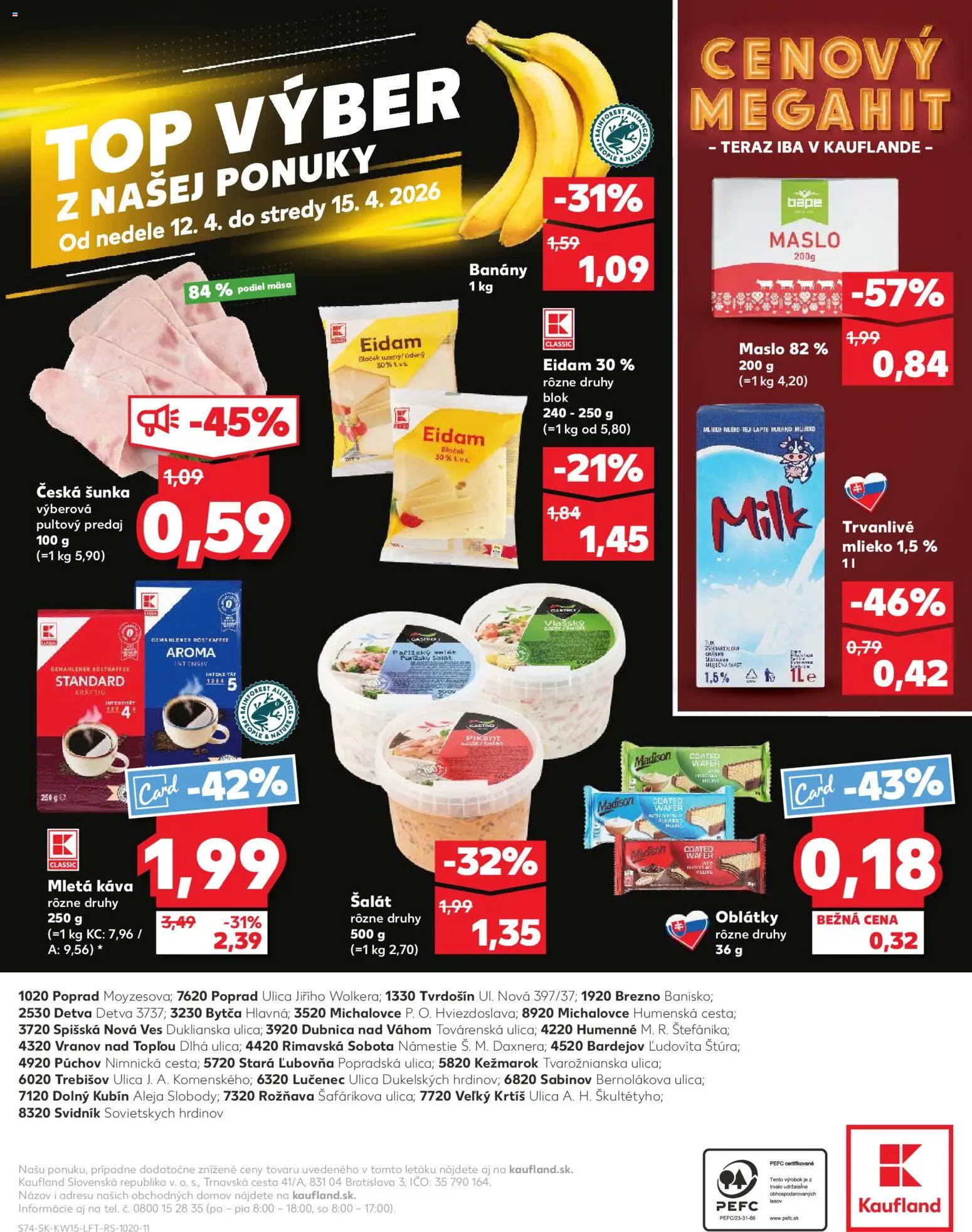 Nové Kaufland akcie – leták je platný od 09.04.2026 | Strana: 74 | Produkty: Káva, Šunka, Banány, Eidam