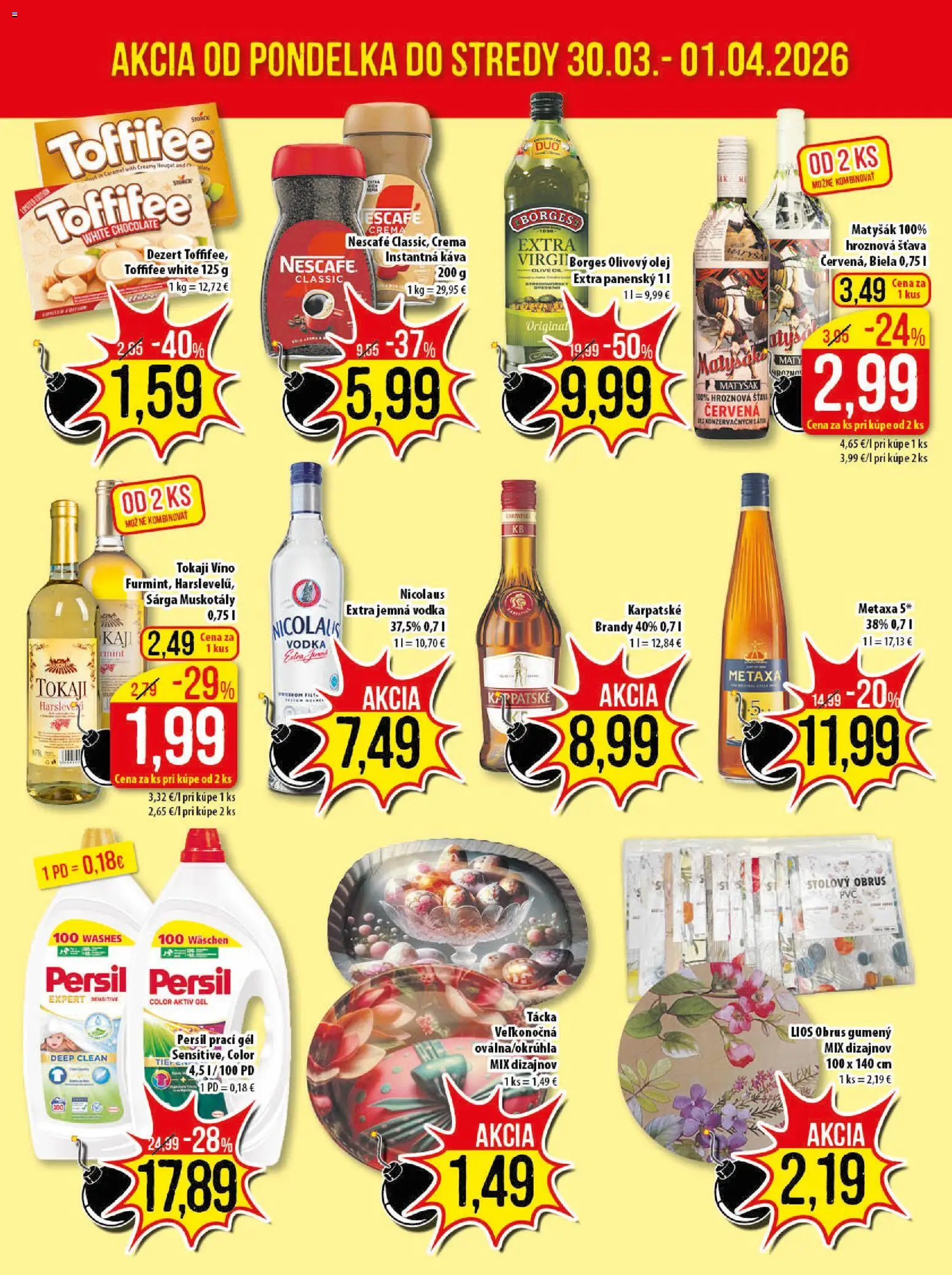 Nové Klas akcie – leták je platný od 30.03.2026 | Strana: 3 | Produkty: Olej, Metaxa, Olivový olej, Vodka