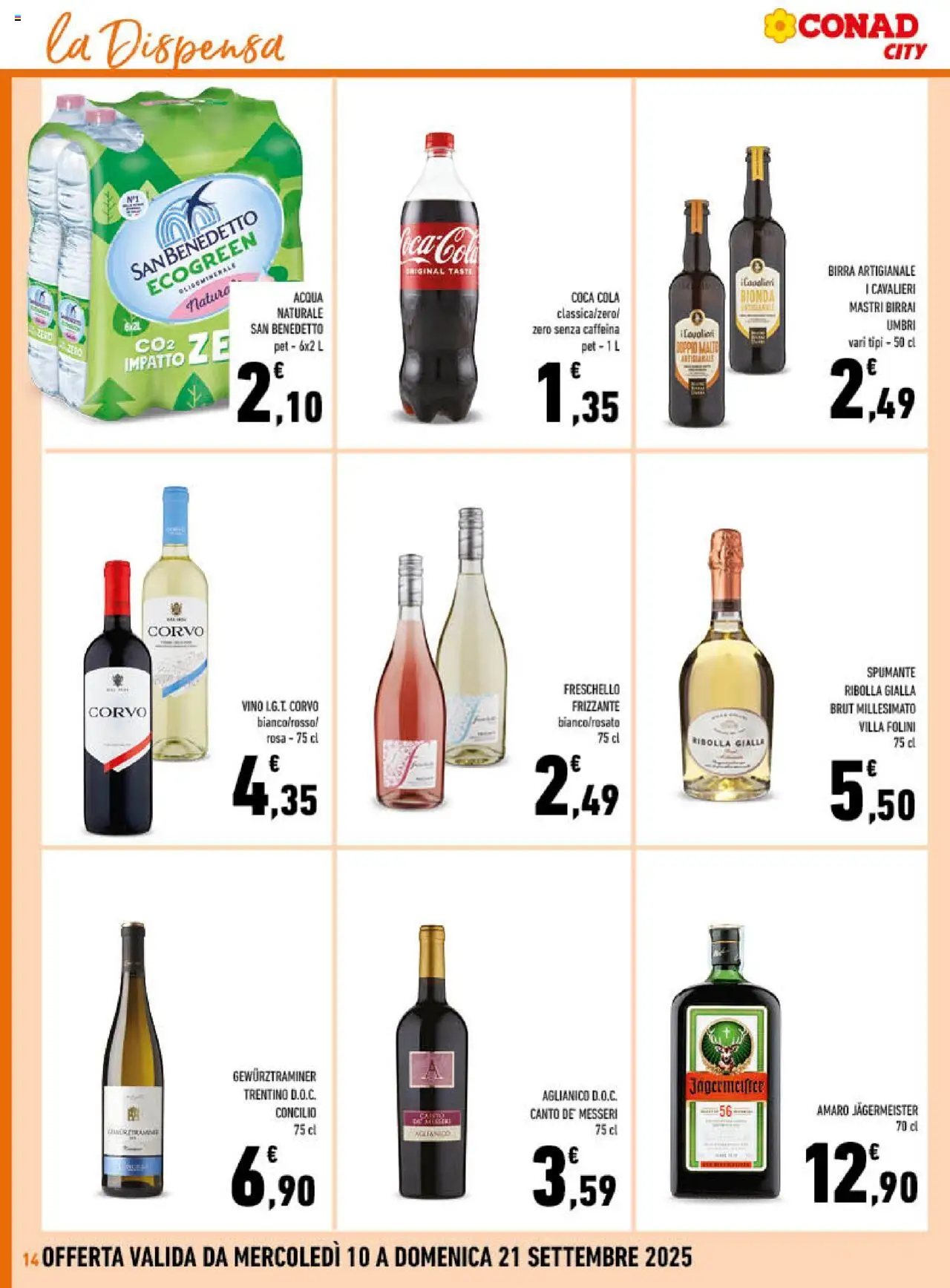 Volantino Conad del 10.09.2025 | Pagina: 14 | Prodotti: Birra, Vino, Acqua naturale, Amaro