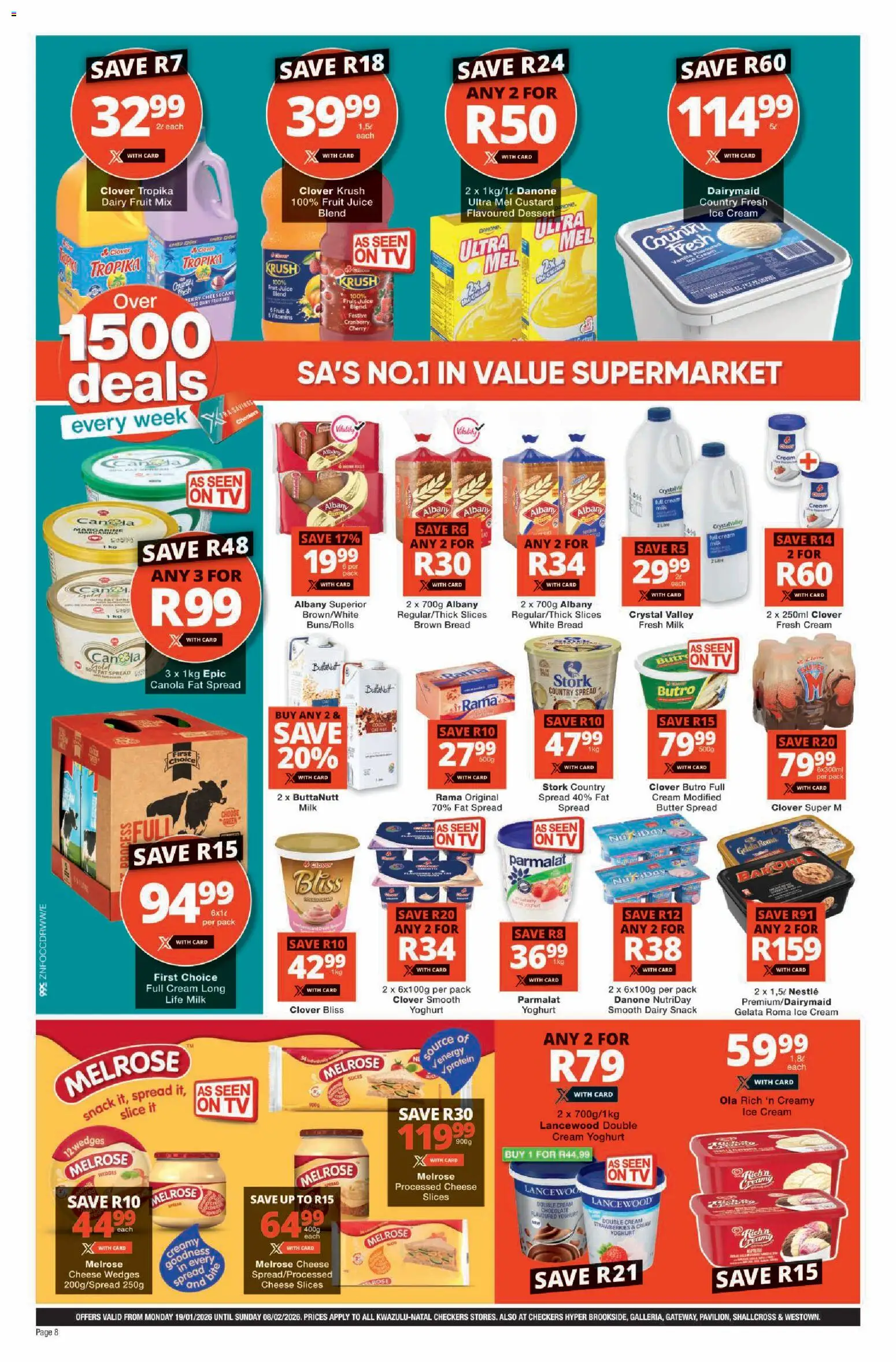 New Checkers catalogue – valid from 19.01.2026 | Page: 8 | Products: Custard, Pó talco, Chocolate, Ice cream