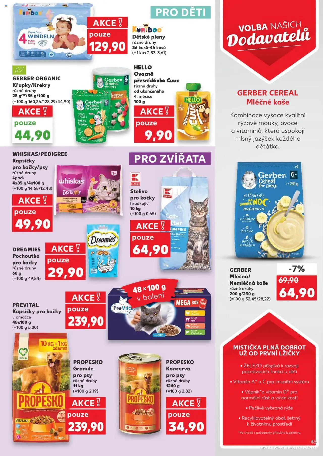 Kaufland leták - Plzeň Bory od 22.10.2025 | Strana: 45 | Produkty: Mléčná kaše, Box, Kapsičky pro kočky, Stelivo