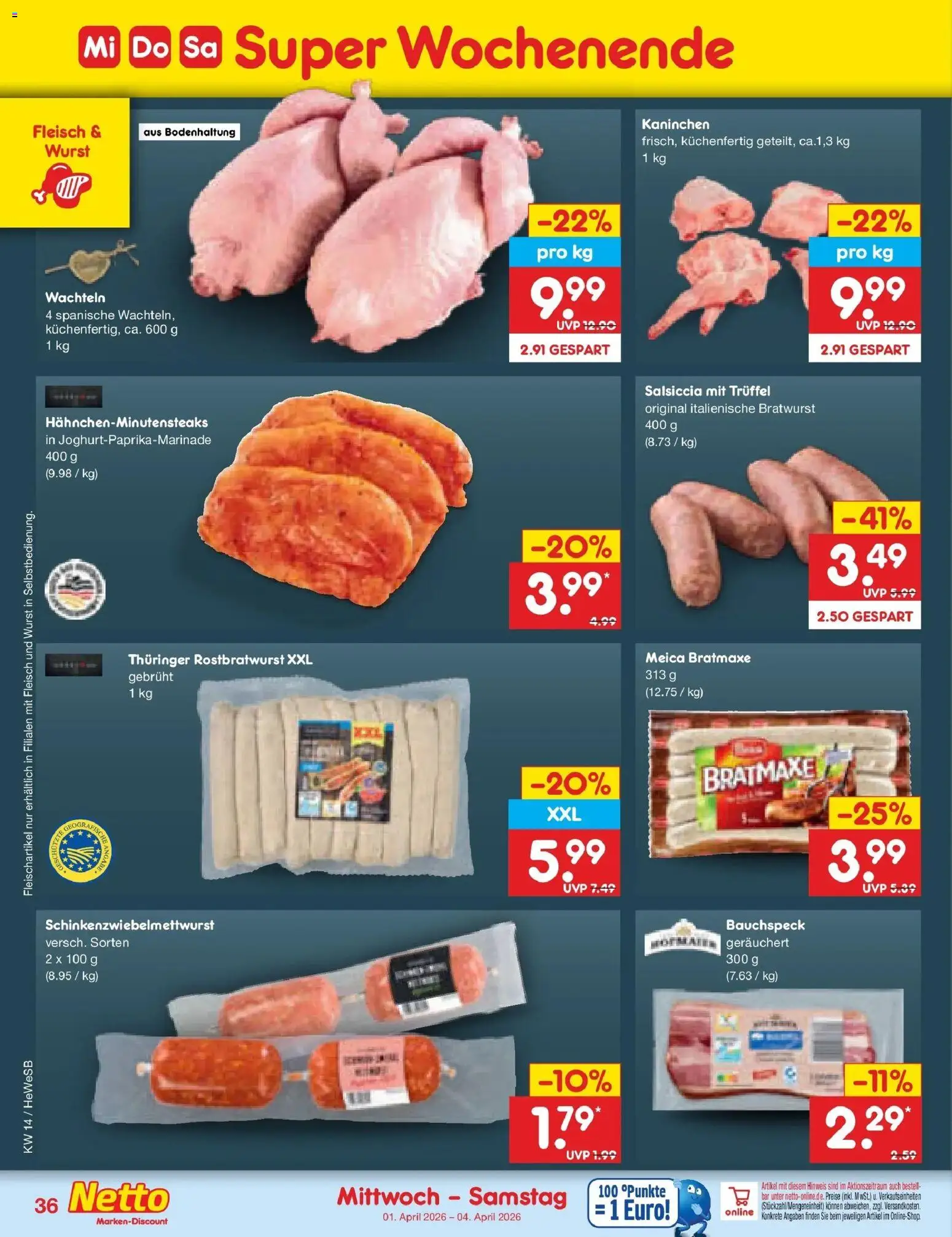 Netto Marken-Discount Prospekt Hamburg	 – gültig ab 30.03.2026 | Seite: 44 | Produkte: Kaninchen, Bratwurst, Wurst, Fleisch