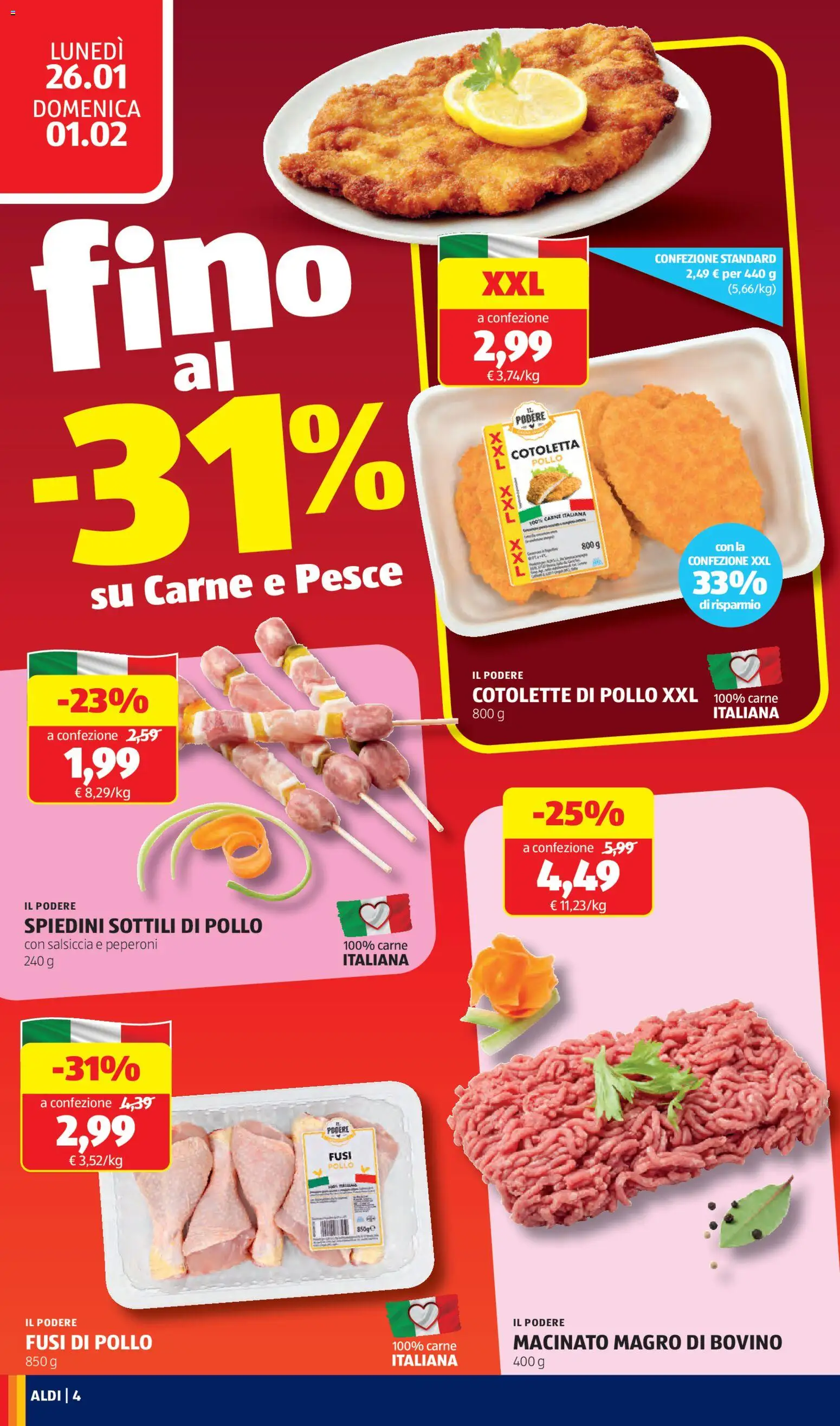 Volantino Aldi del 26.01.2026 | Pagina: 4 | Prodotti: Pollo, Peperoni, Salsiccia, Macinato