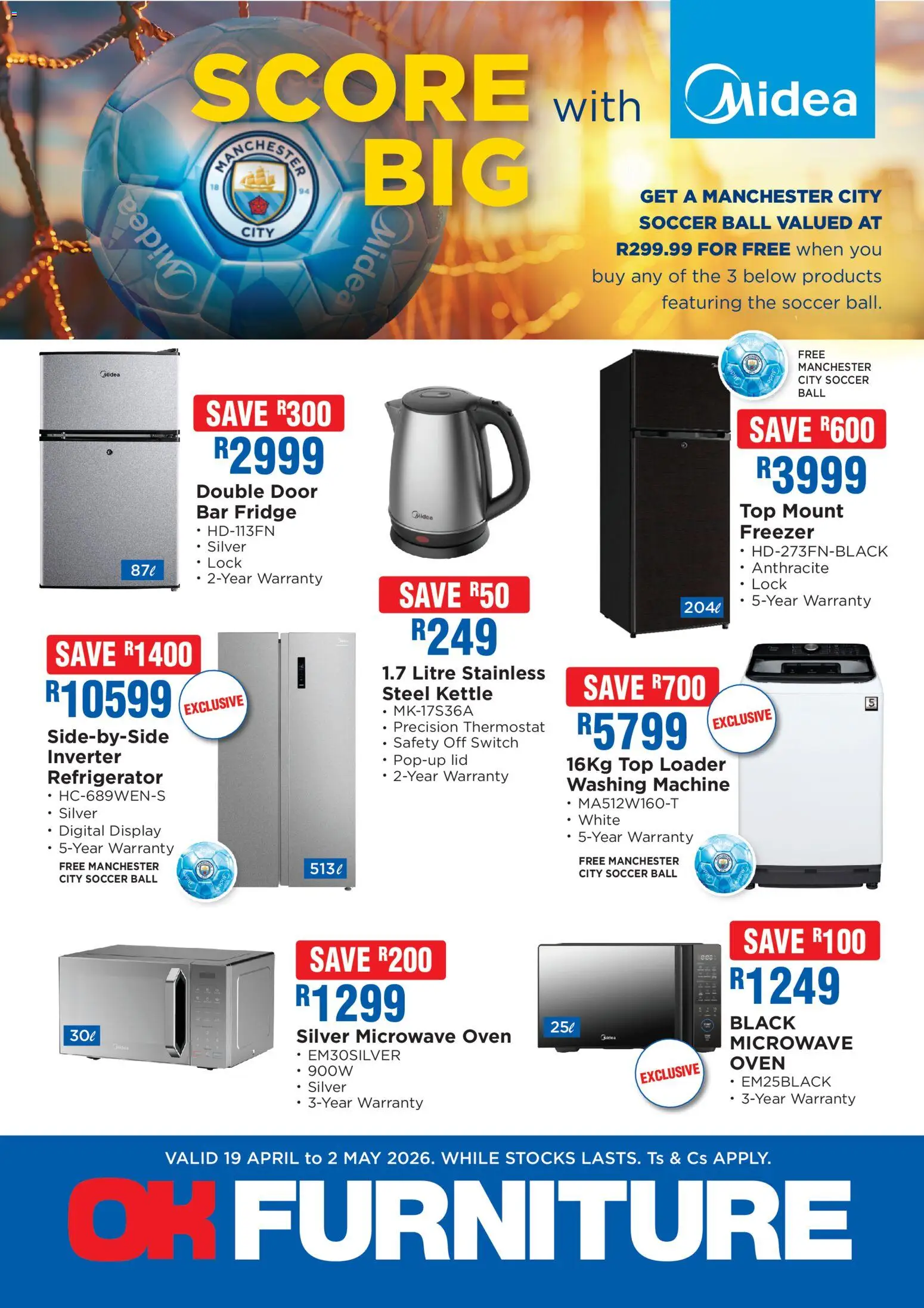 New OK Furniture catalogue – valid from 19.04.2026 | Page: 1 | Products: Freezer, Kettle, Fridge, Switch