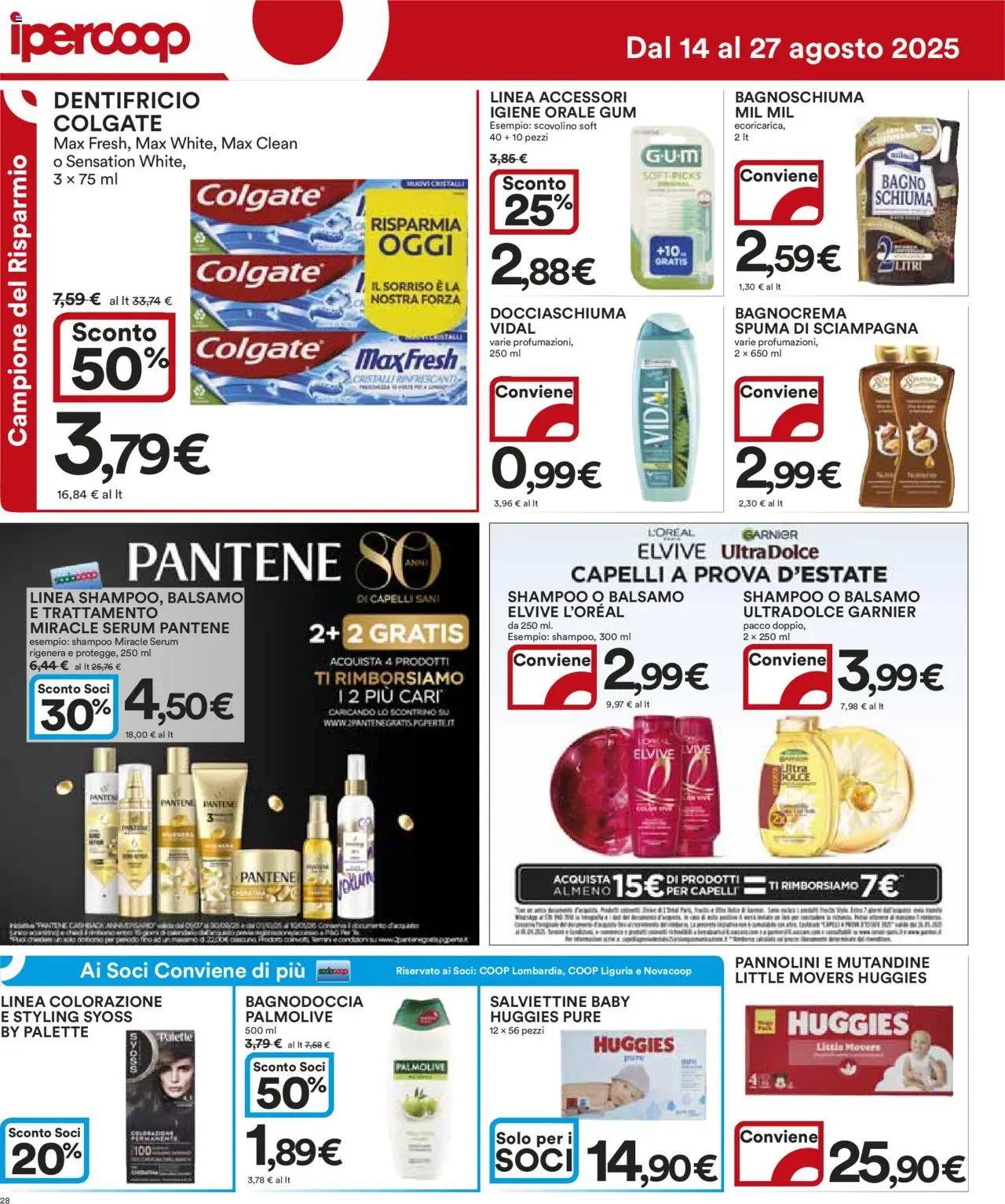 Volantino Ipercoop del 14.08.2025 | Pagina: 28 | Prodotti: Shampoo, Pannolini, Mutandine, Bagno