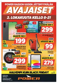 Power-mainoslehti voimassa 02.10.2025 alkaen | Sivu: 1 | Tuotteet: Kello, Näyttö, TV