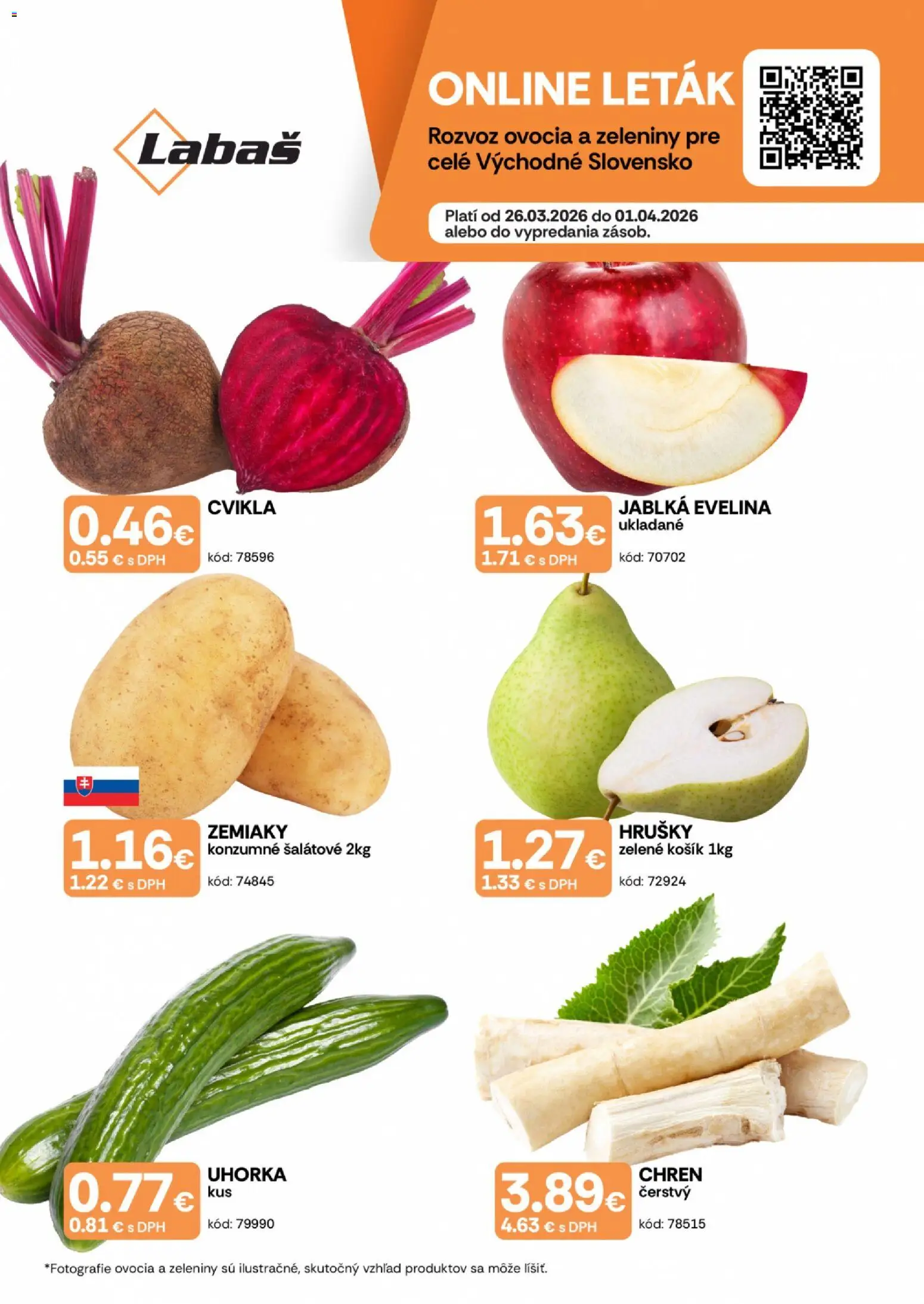 Nové Labaš akcie – leták je platný od 26.03.2026 | Strana: 1 | Produkty: Jablká, Cvikla, Zemiaky, Hrušky