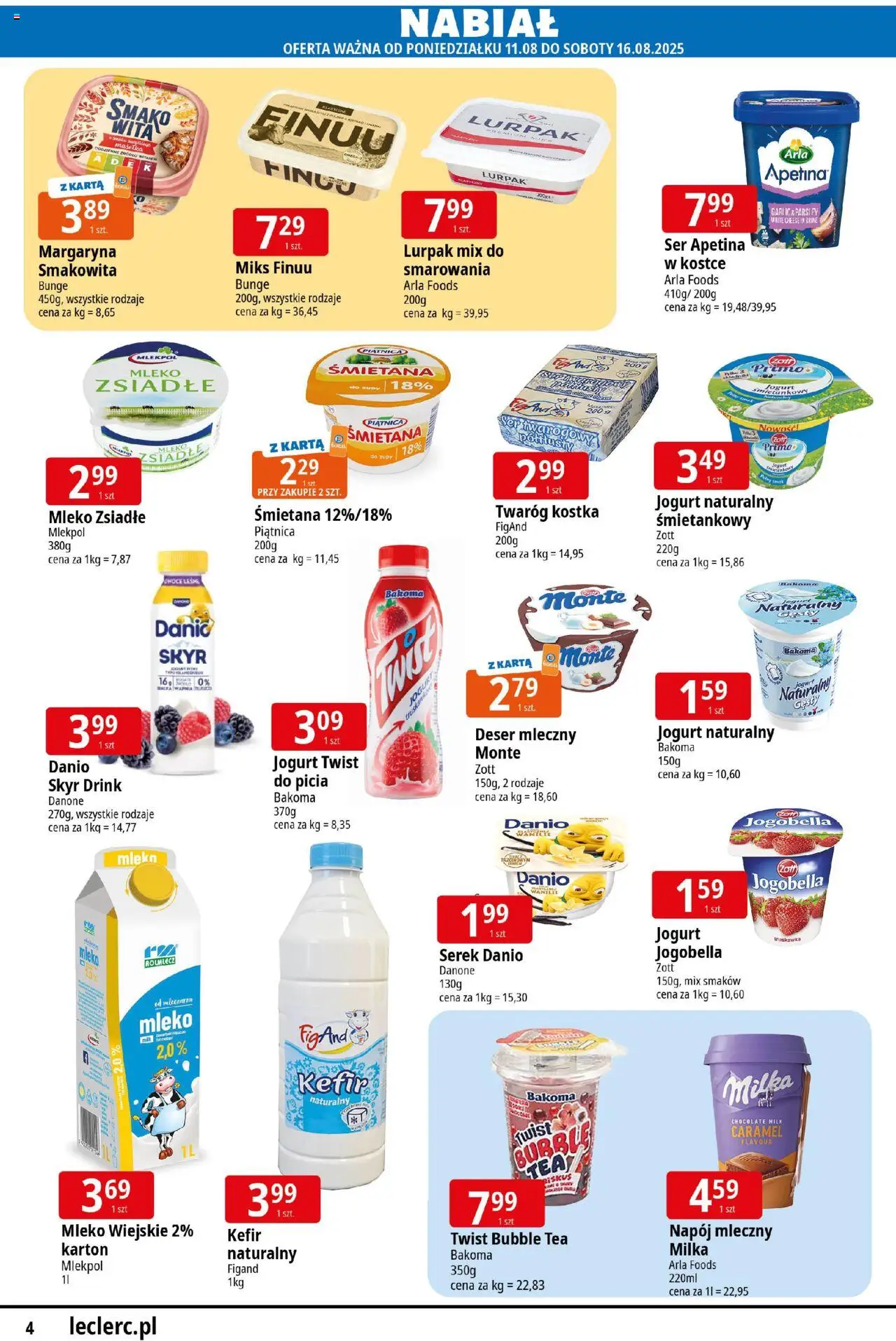 E.Leclerc Gazetka - Radom od 11.08.2025 | Strona: 4 | Produkty: Serek, Milka, Jogurt, Twaróg