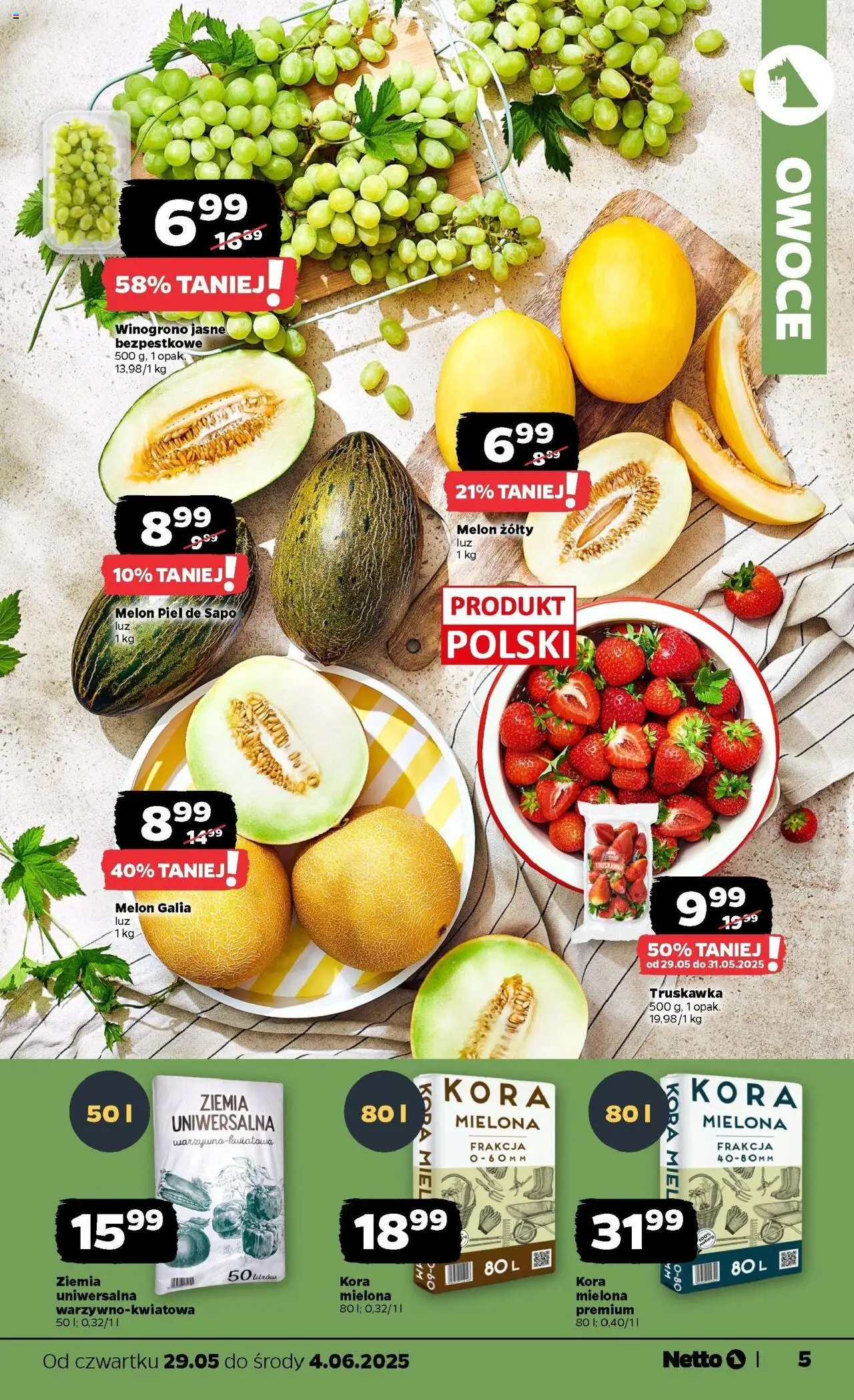 Netto gazetka - Spożywcza od 29.05.2025 | Strona: 5 | Produkty: Melon, Ziemia uniwersalna, Ziemia, Owoce