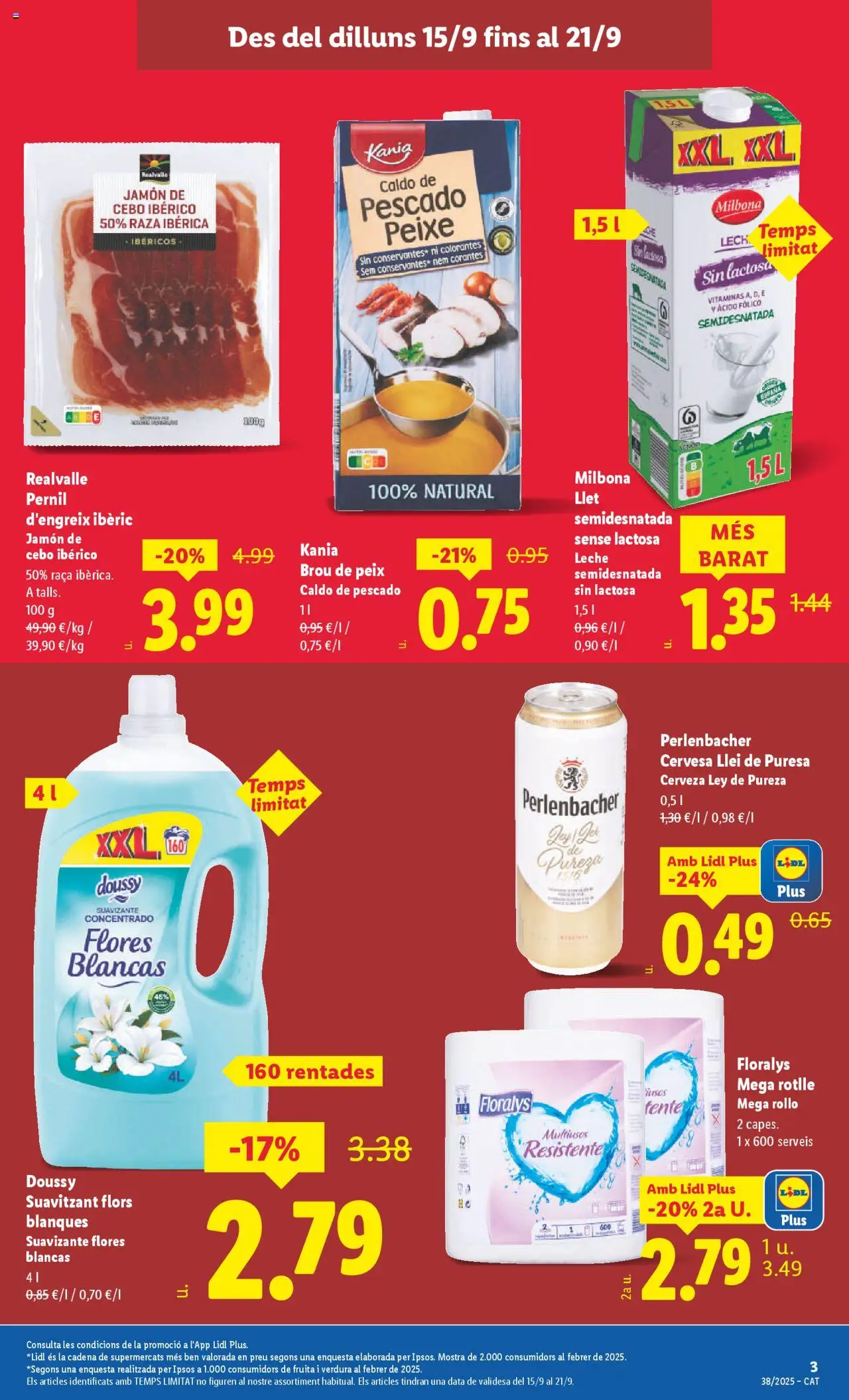 Lidl folleto │ válido desde el 15.09.2025 | Página: 3 | Productos: Leche, Jamón, Cerveza, Pescado