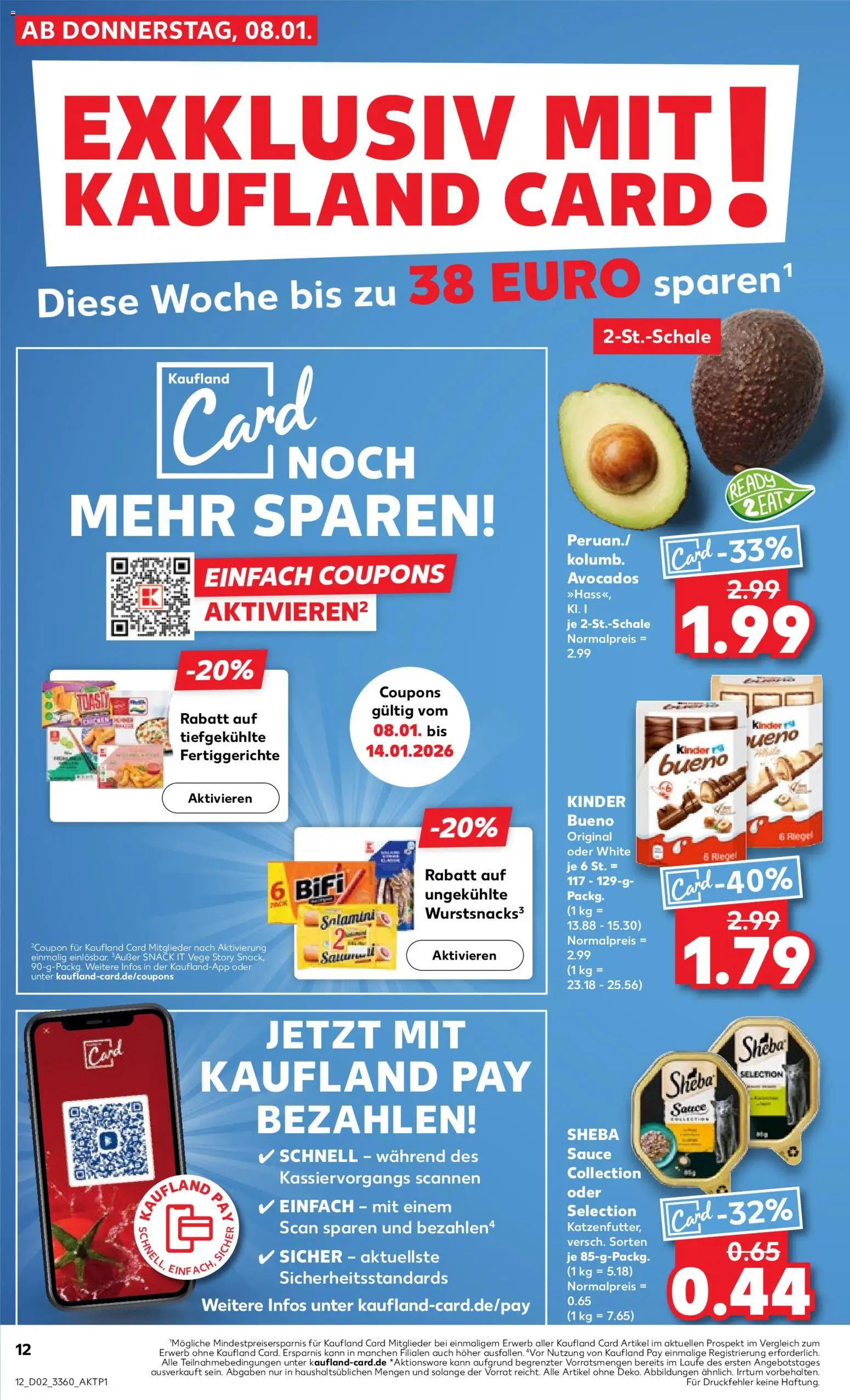 Kaufland Prospekt 	 – gültig ab 08.01.2026 | Seite: 12 | Produkte: Sheba, Kinder bueno, Fertiggerichte, Salami