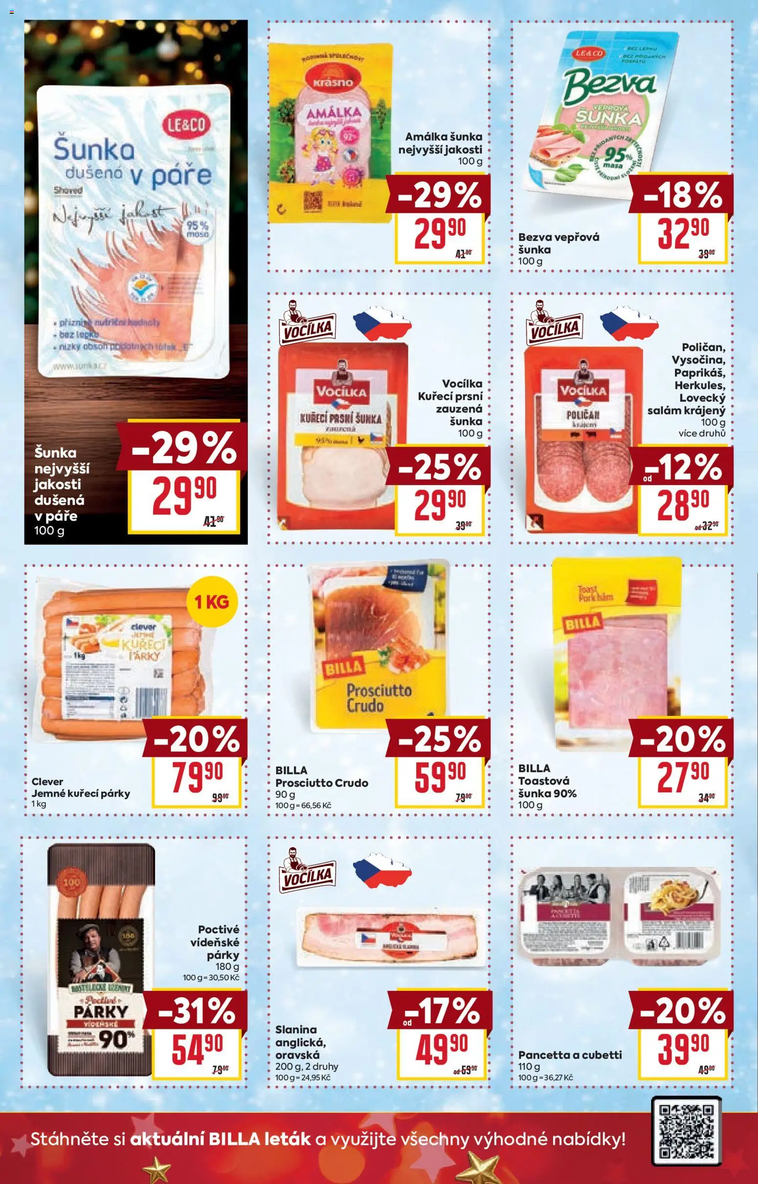 Billa Velký leták od 17.12.2025 | Strana: 18 | Produkty: Vídeňské párky, Clever, Pancetta, Crudo