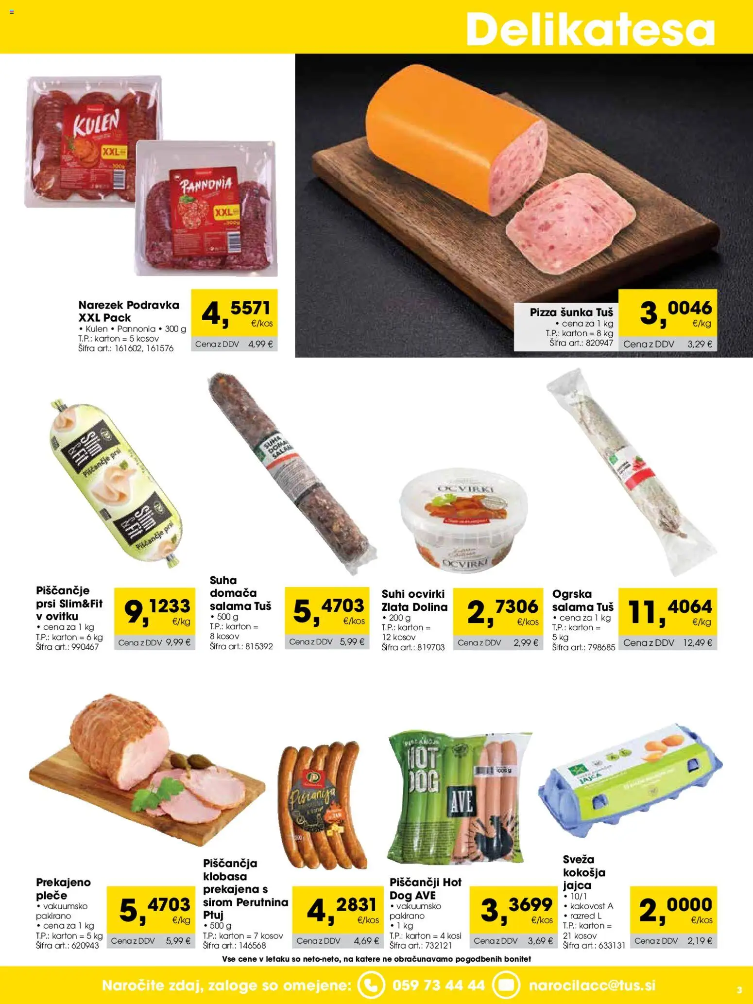 Novi Tuš katalog ponudbe – veljaven od 01.01.2026 | Stran: 3 | Izdelki: Narezek, Ocvirki, Jajca, Sunka