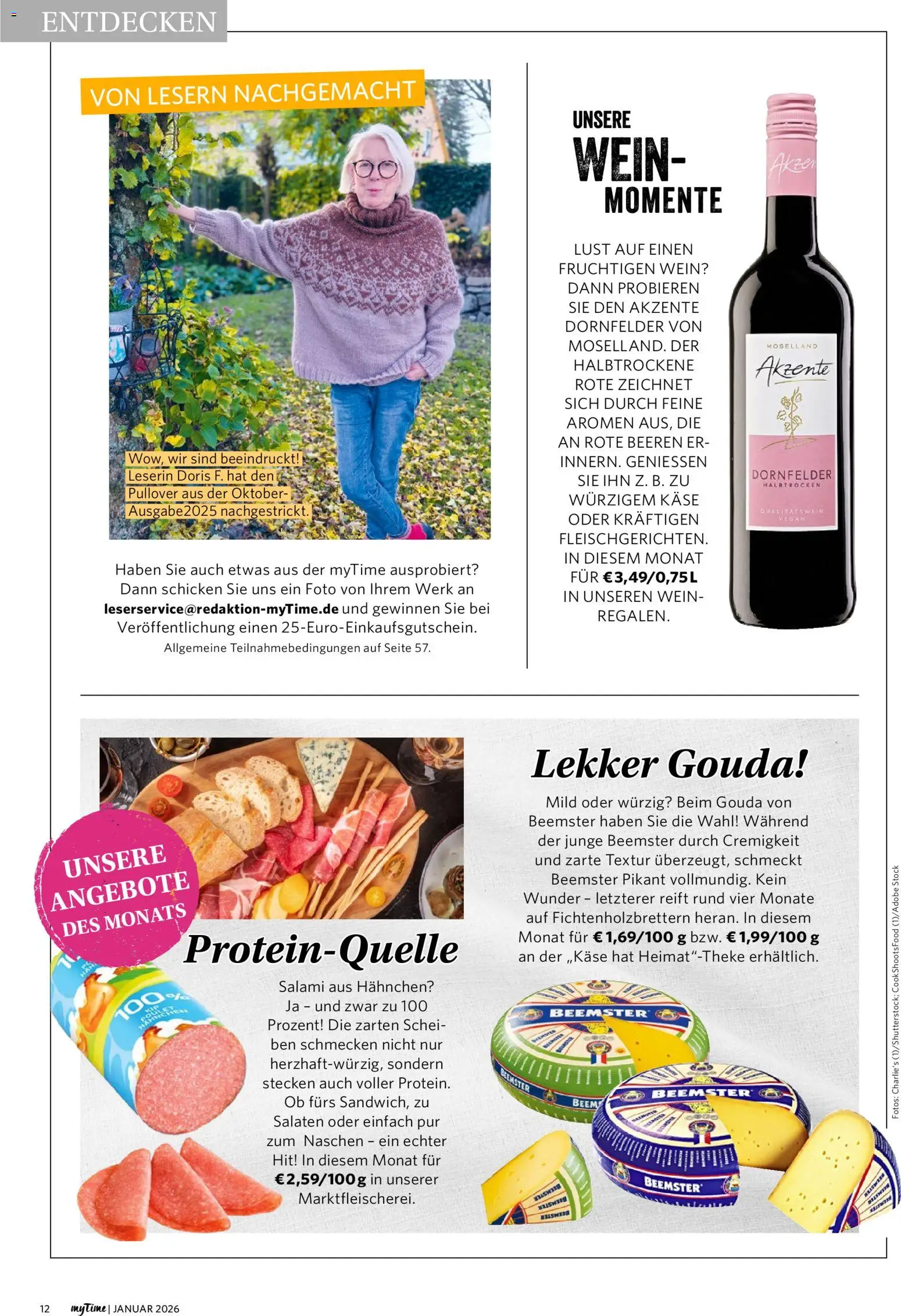 Famila Nordwest  myTime Januar 2026 – gültig ab 01.01.2026 | Seite: 12 | Produkte: Gouda, Pullover, Salami, Wein