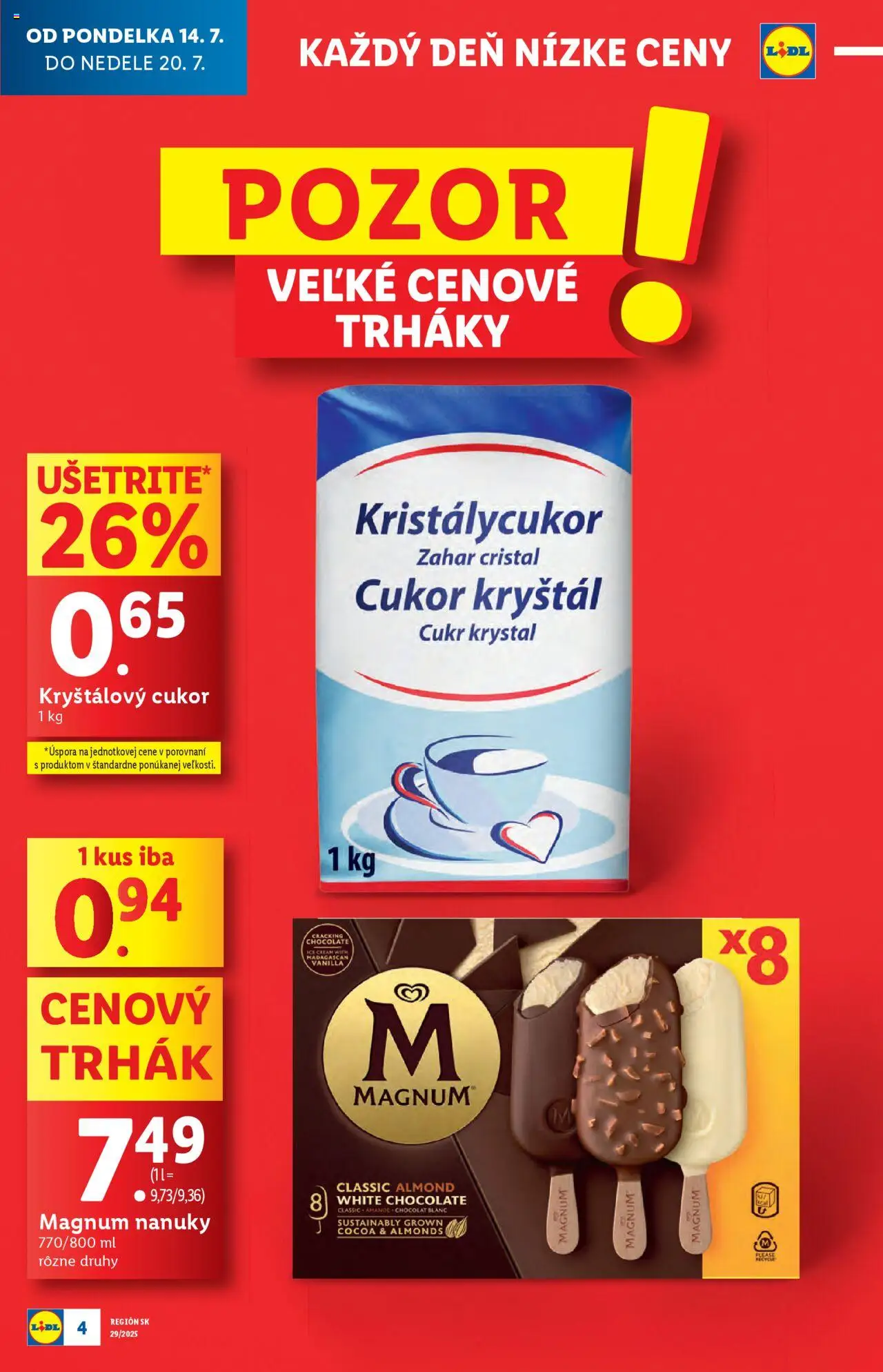 Lidl leták │ platný od 14.07.2025 | Strana: 4 | Produkty: Kryštálový cukor, Cukor, Magnum, Nanuky