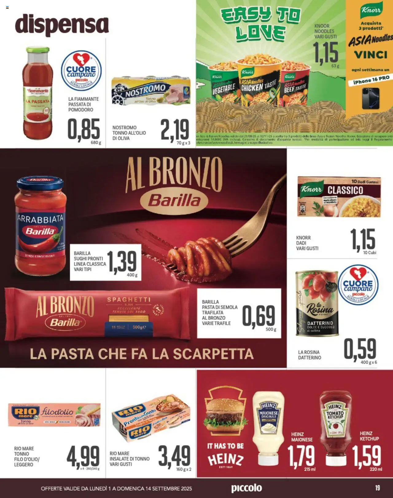 Volantino Piccolo del 01.09.2025 | Pagina: 19 | Prodotti: Iphone, Pasta, Passata di pomodoro, Tonno