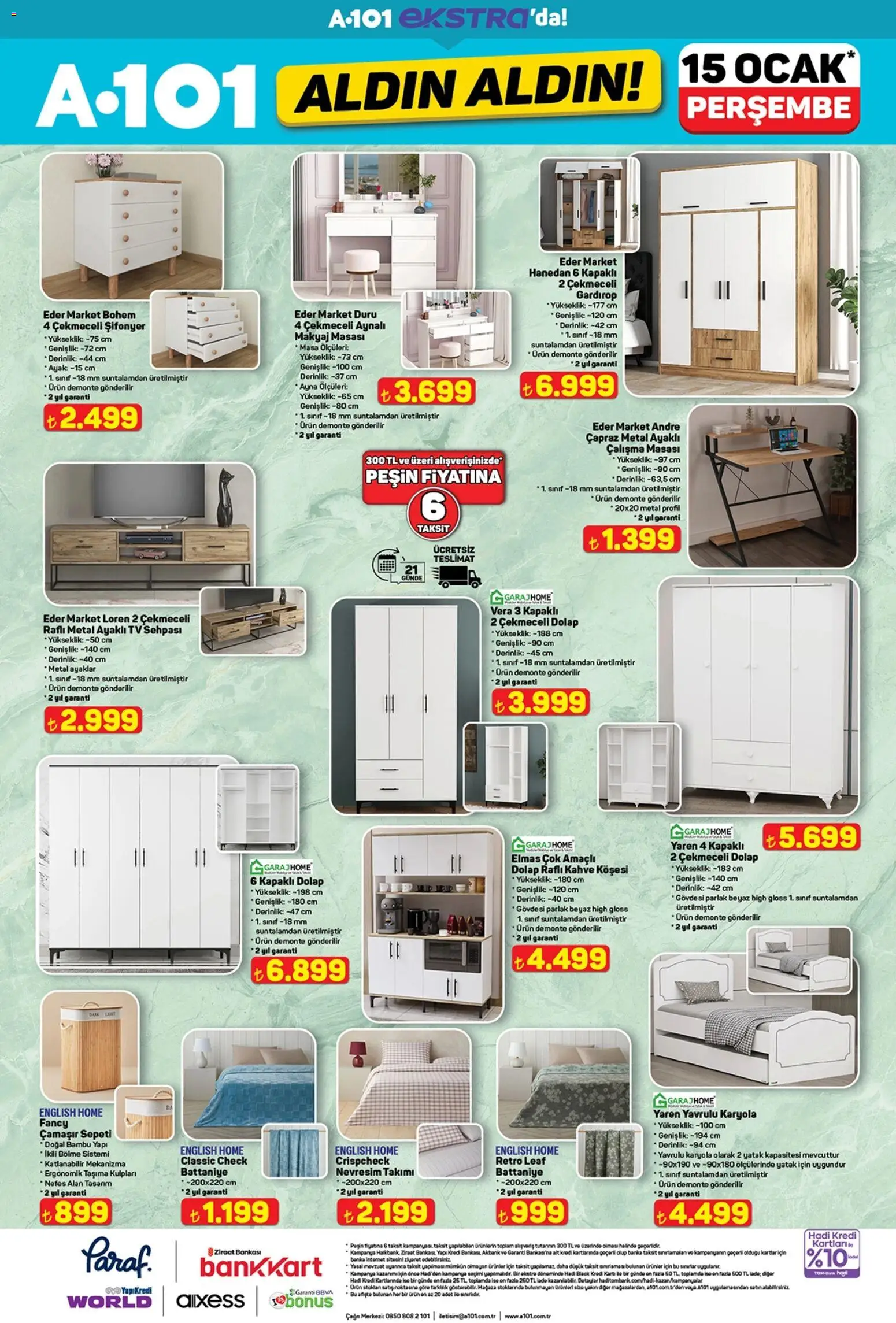 A101 Katalog Aldın Aldın - 15.01.2026 tarihinden itibaren geçerlidir | Sayfa: 15 | Ürünler: Çamaşır sepeti, Çalışma masası, Karyola, Şifonyer