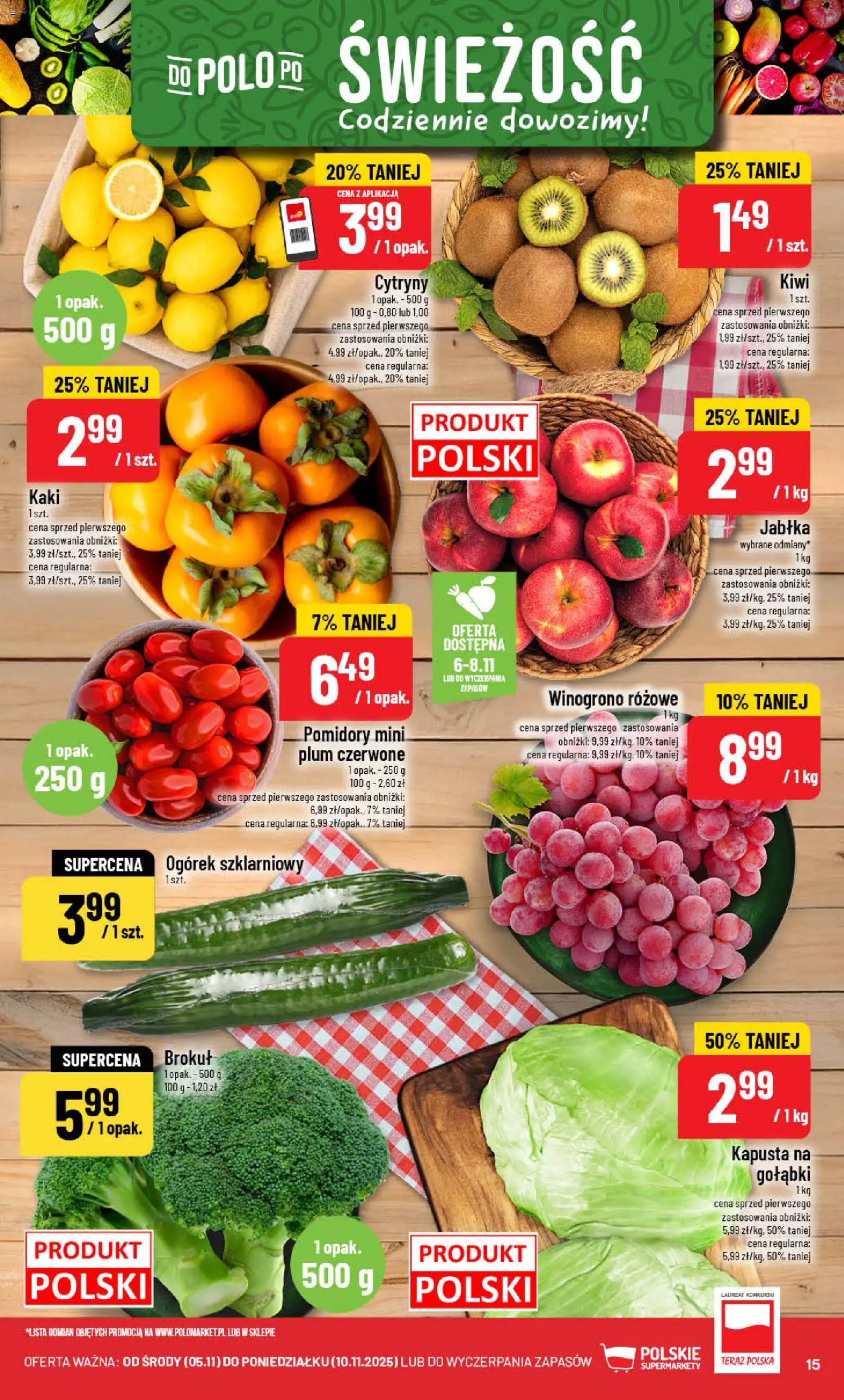 POLOmarket Gazetka od 05.11.2025 | Strona: 15 | Produkty: Kapusta, Cytryny, Jabłka, Kiwi