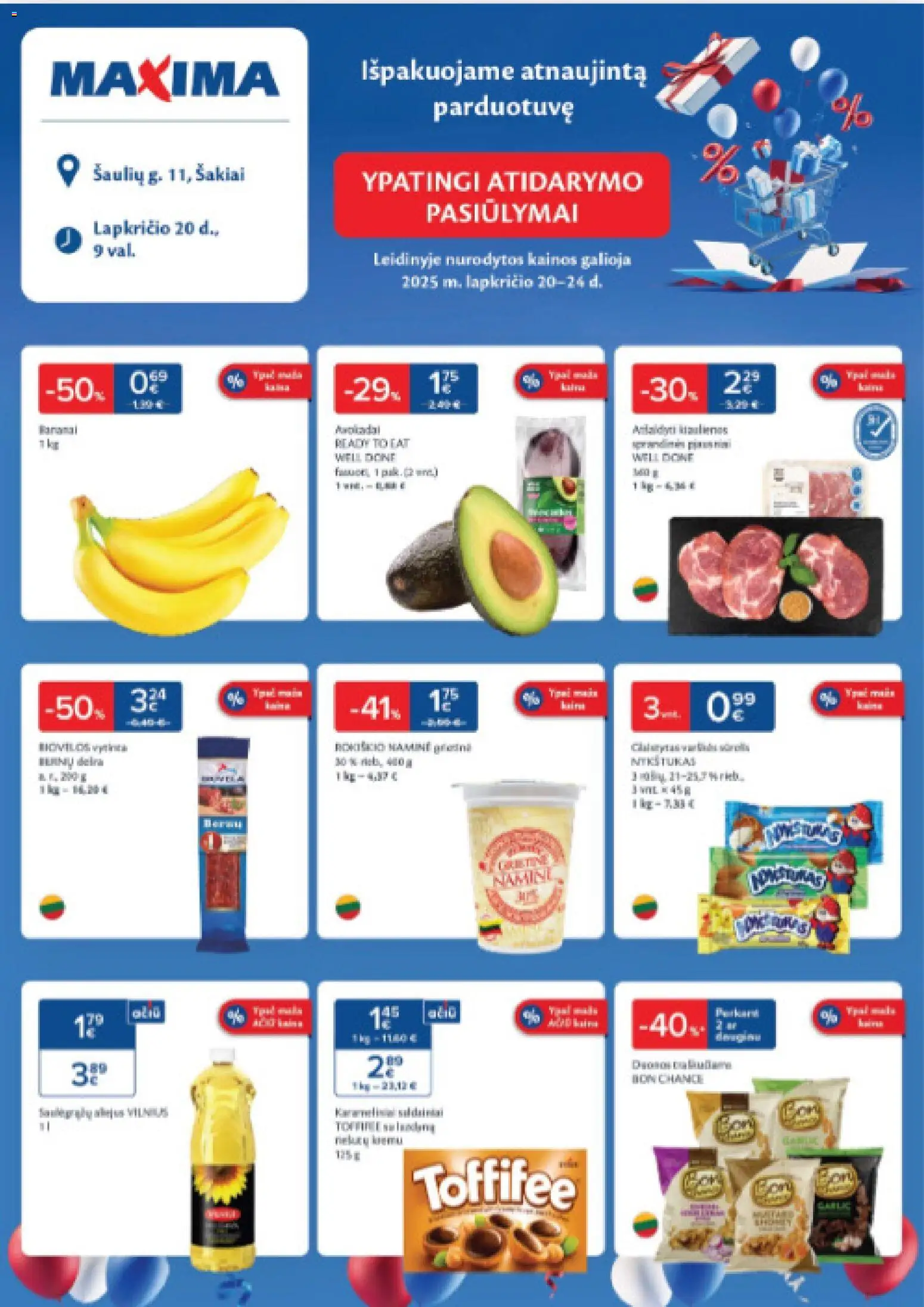 MAXIMA akcijos nuo 20.11.2025 | Puslapis: 1 | Prekių: Dešra, Bananai, Grietinė, Saldainiai