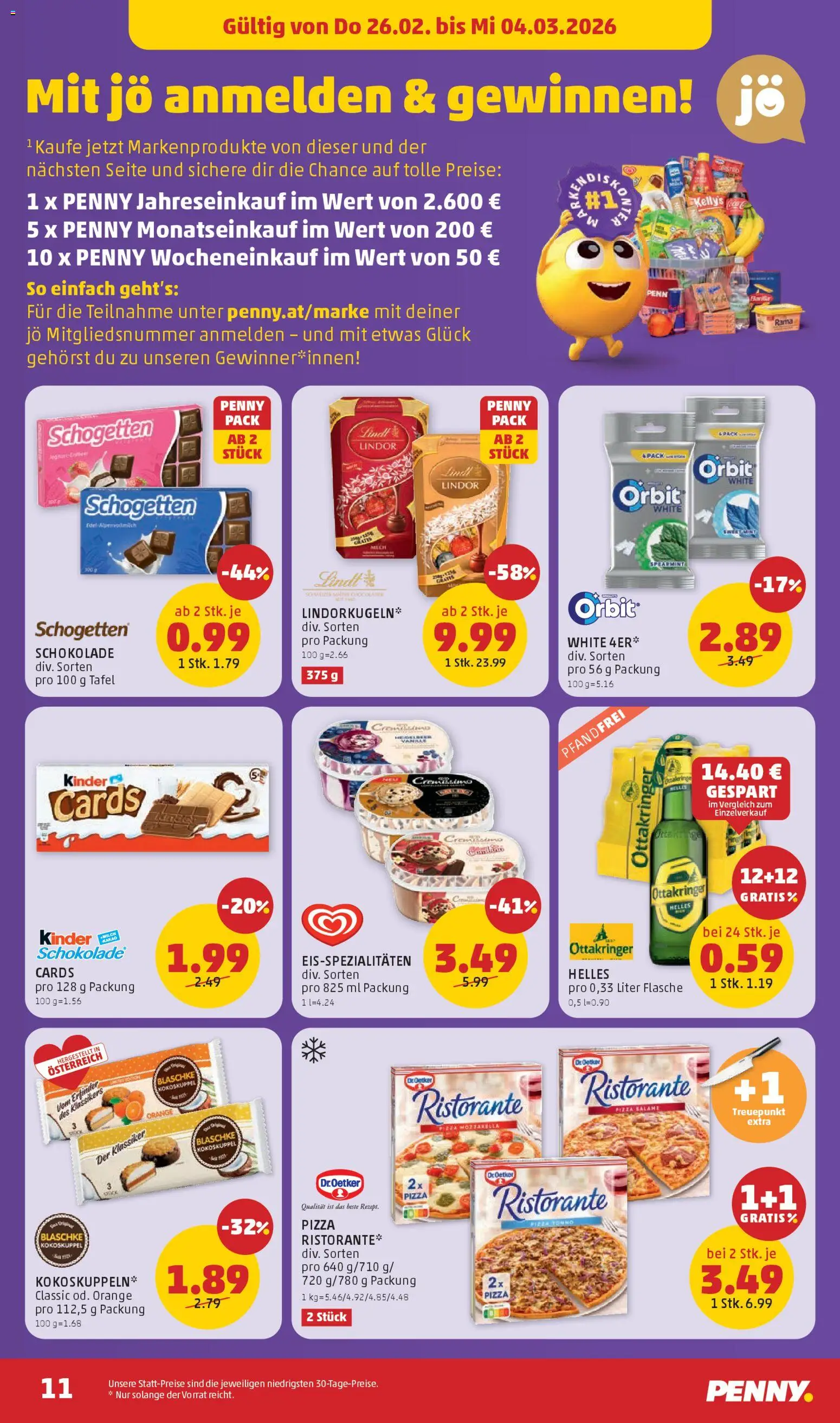 Penny Markt Flugblatt gültig ab 26.02.2026 | Seite: 11 | Produkte: Schokolade, Salami, Pizza