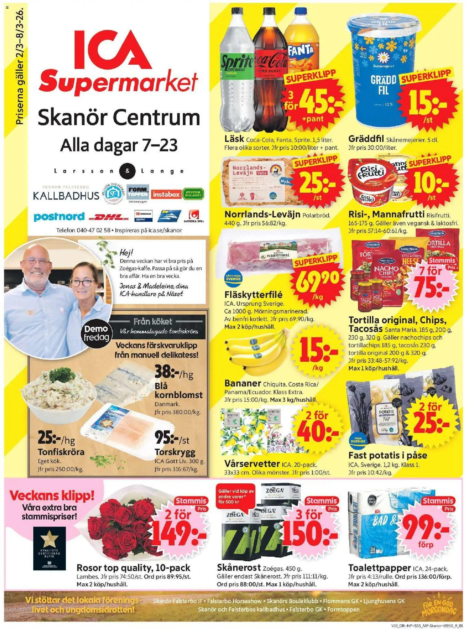 ICA Supermarket reklamblad aktuell från 02.03.2026 | Sida: 1 | Produkter: Tortilla, Toalettpapper, Galler, Bananer