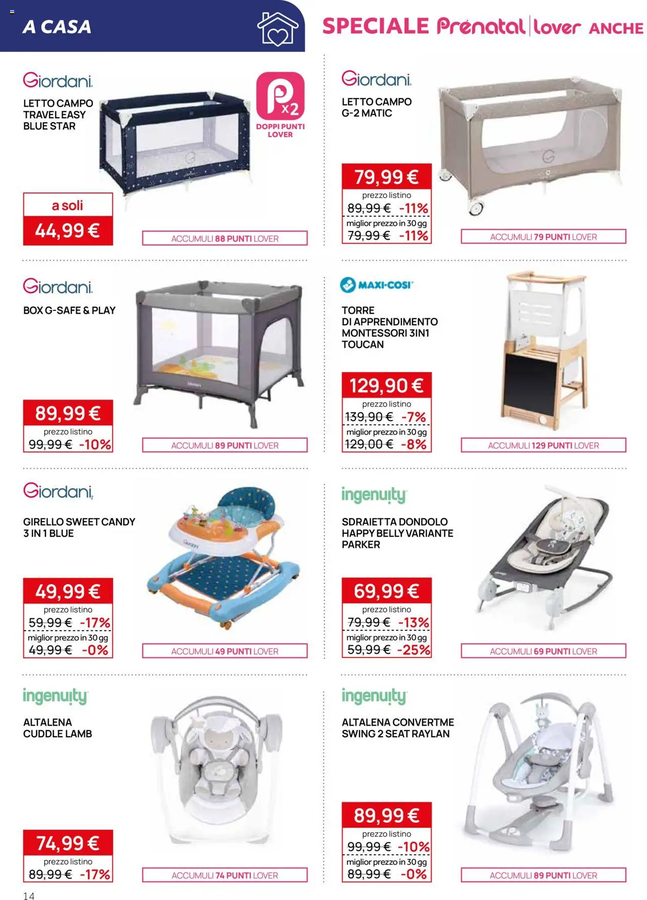 Volantino Prenatal del 09.10.2025 | Pagina: 14 | Prodotti: Dondolo, Altalena, Girello, Letto