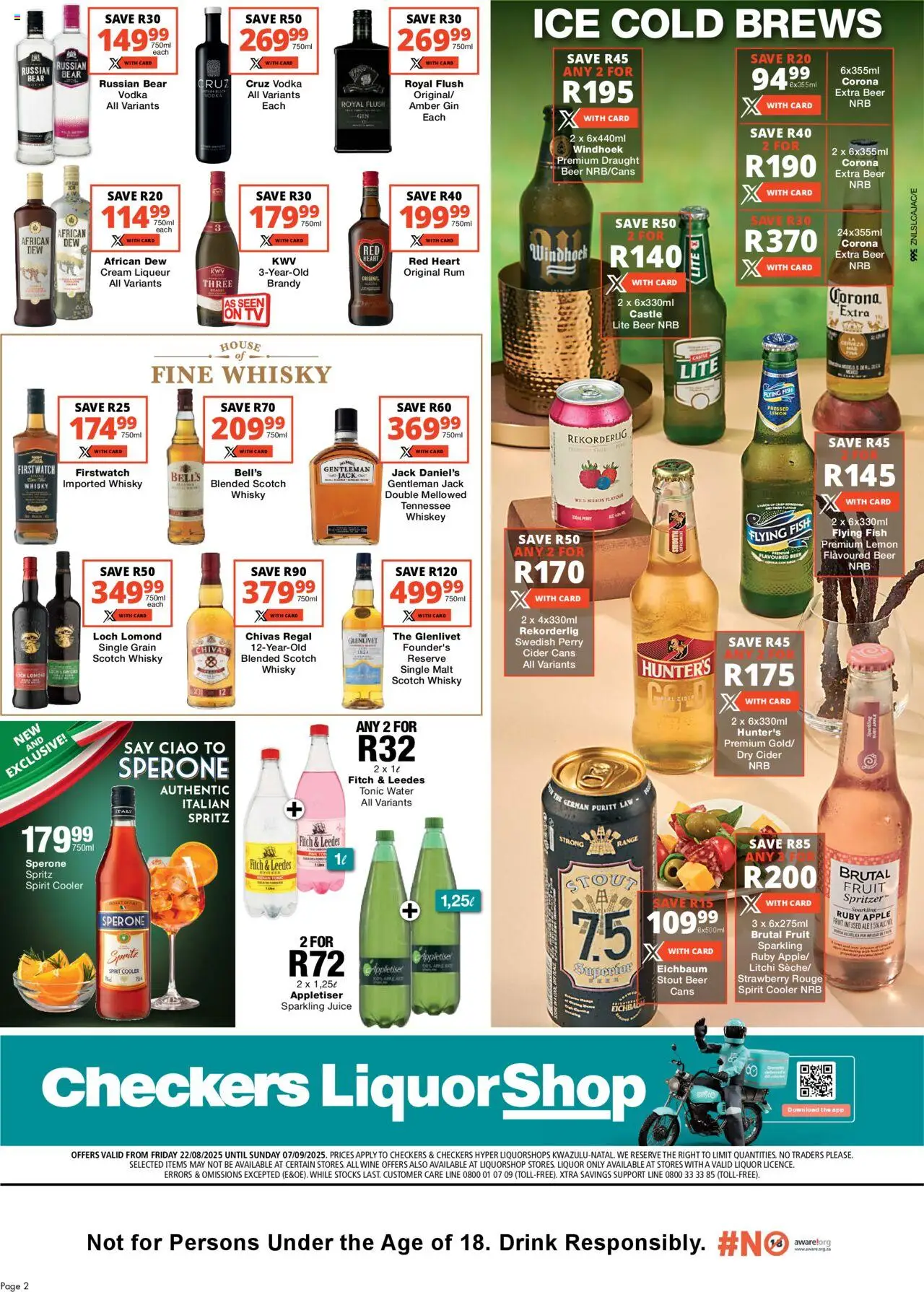 Checkers KwaZulu-Natal - LiquorShop August Month-End Promotion │ valid from 22.08.2025 | Page: 2 | Products: Tonic, Cooler, Vodka, Whiskey