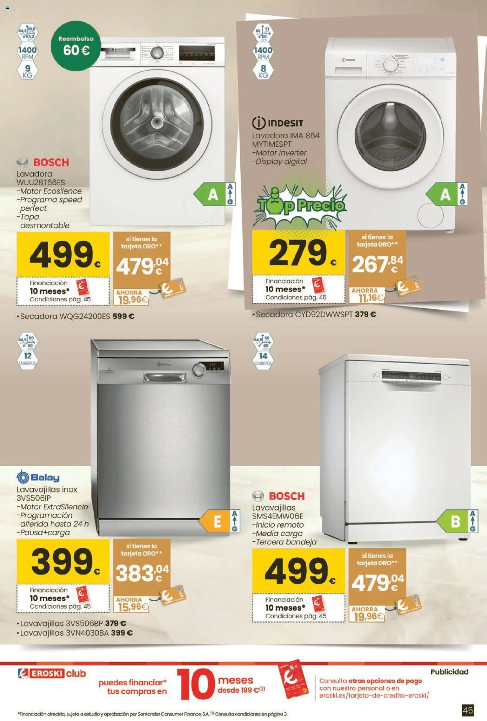 Eroski Qué planazo │ válido desde el 26.03.2026 | Página: 45 | Productos: Lavadora, Secadora, Lavavajillas, Bandeja