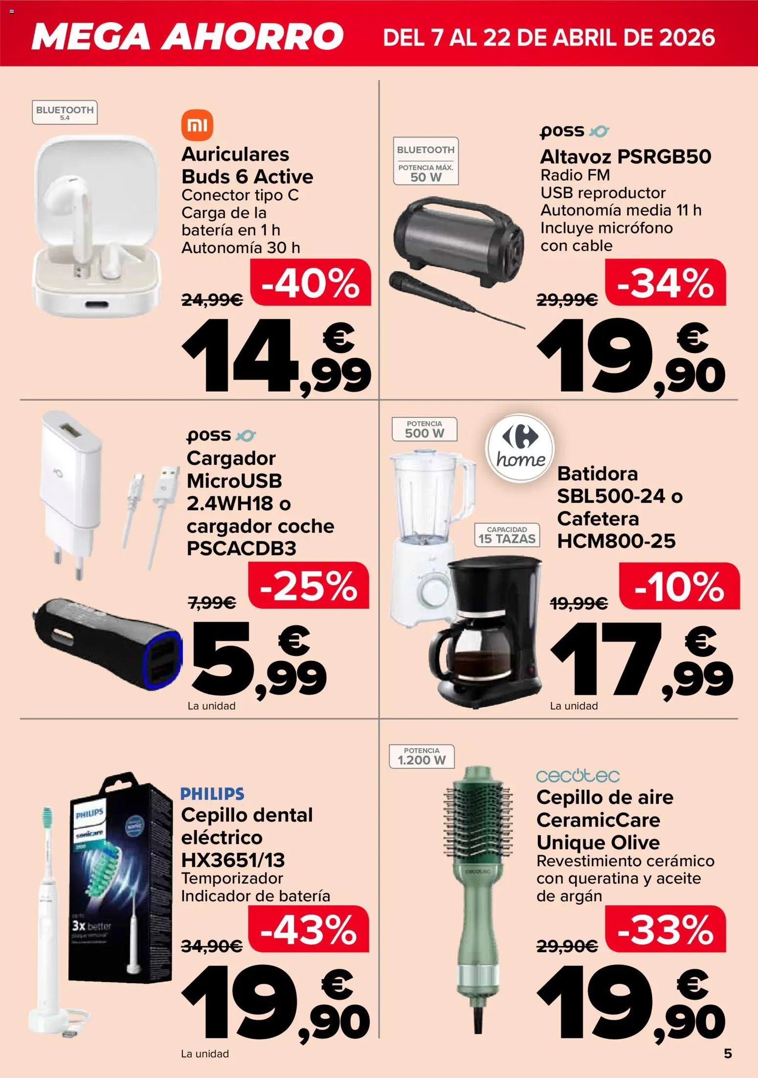 Carrefour Mega Ahorro │ válido desde el 07.04.2026 | Página: 5 | Productos: Cepillo, Radio, Altavoz, USB