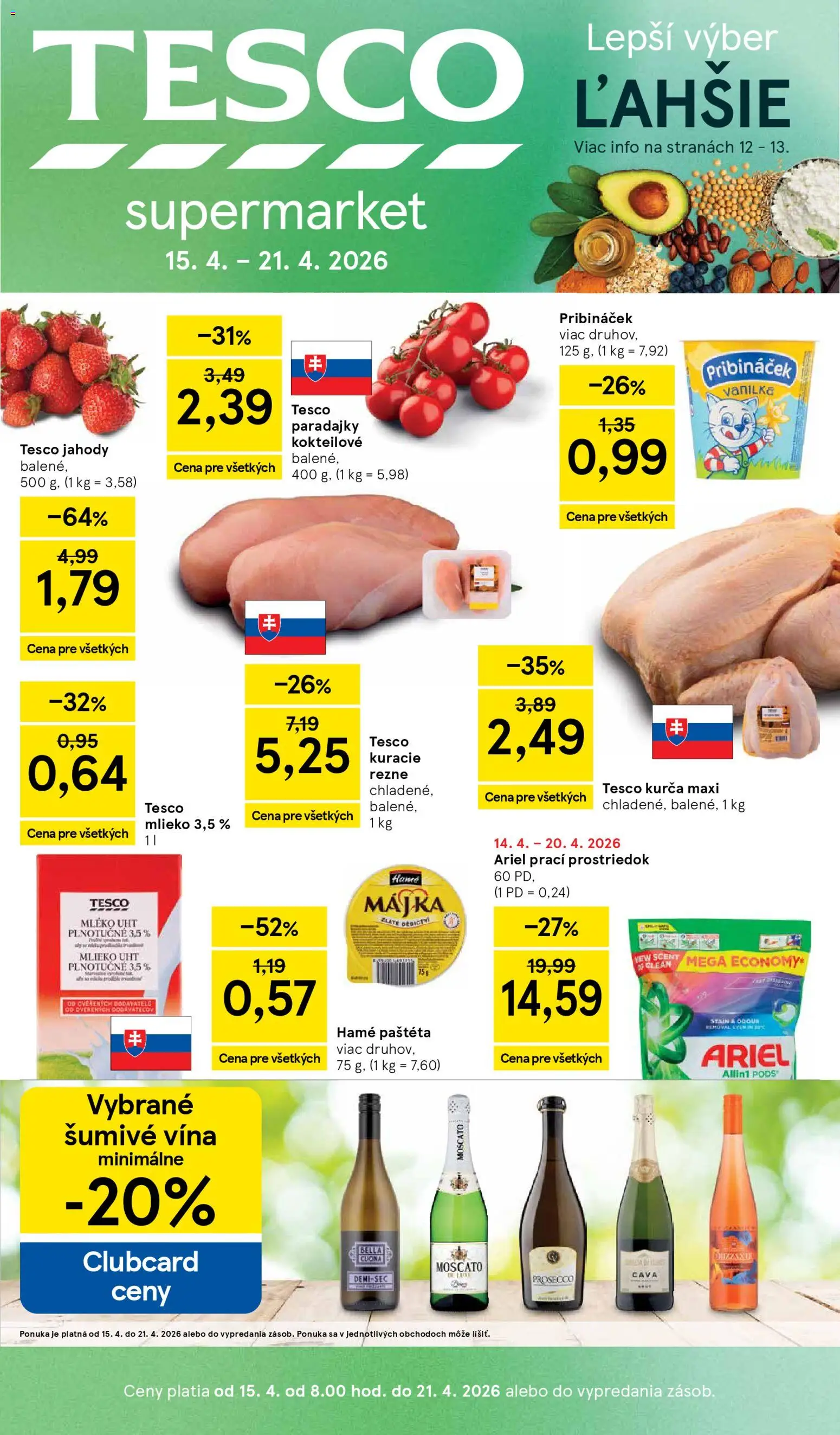 Nové Tesco akcie – leták je platný od 15.04.2026 | Strana: 1 | Produkty: Mlieko, Prosecco, Jahody, Ariel
