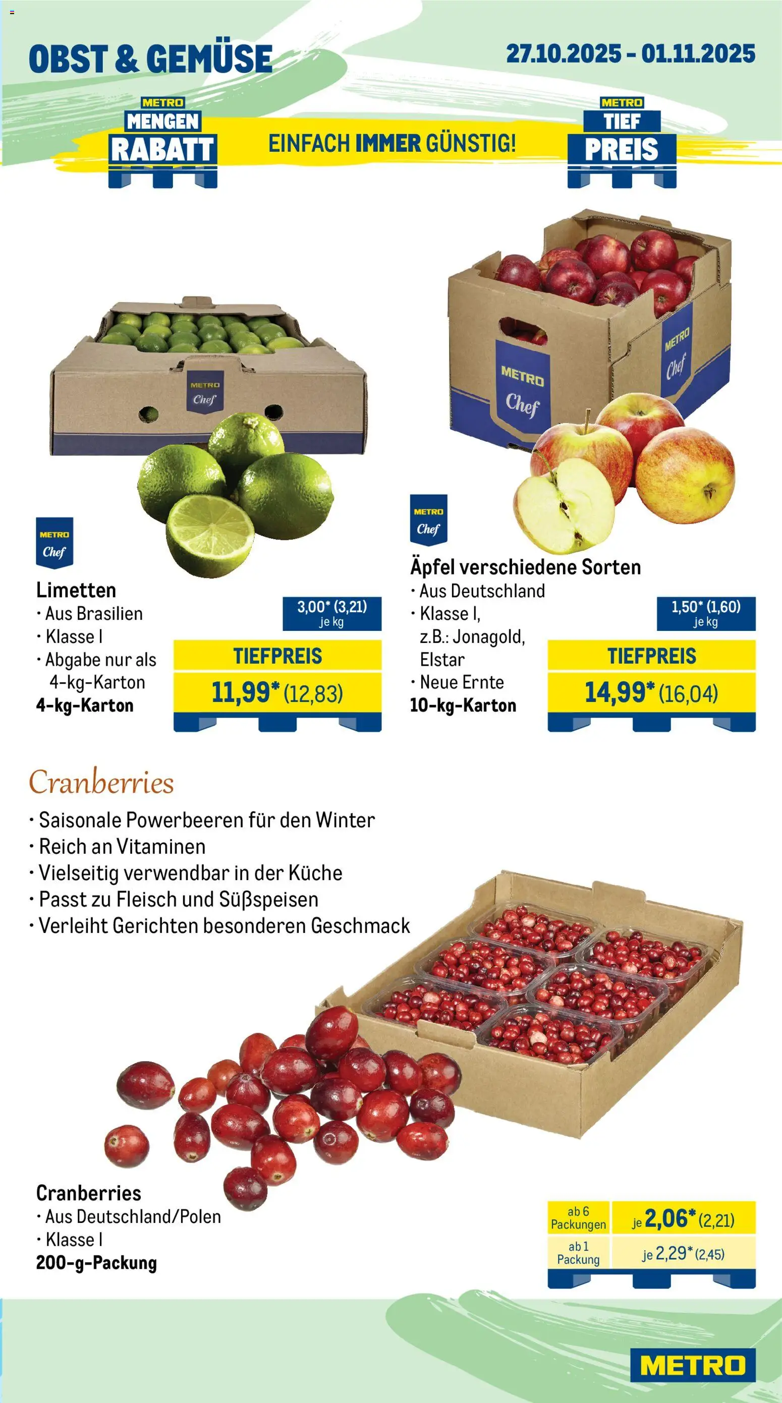 Metro Wochen-Angebote Gastro – gültig ab 27.10.2025 | Seite: 7 | Produkte: Limetten, Gemüse, Obst, Fleisch