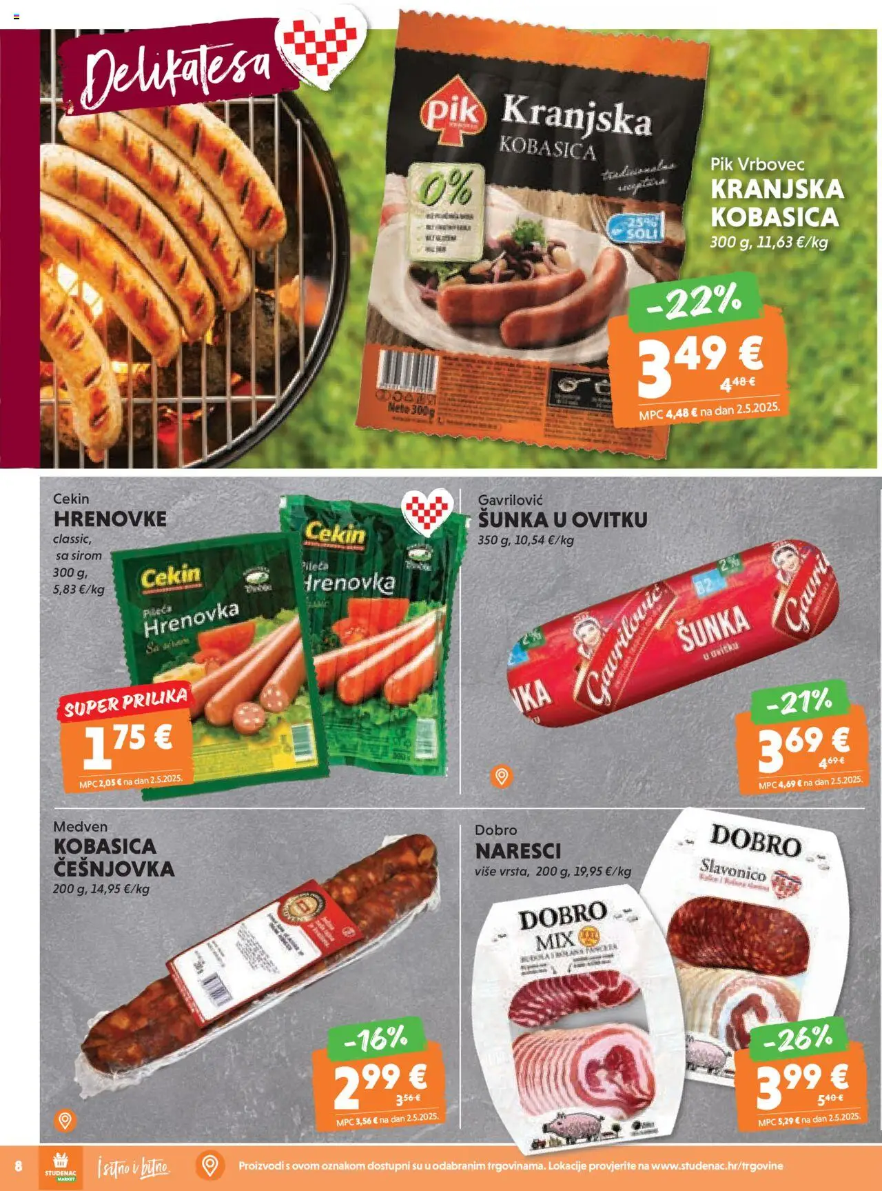 Studenac katalog | vrijedi od 13.08.2025 | Stranica: 8 | Proizvodi: Šunka, Hrenovke, Kobasica, Pik Vrbovec