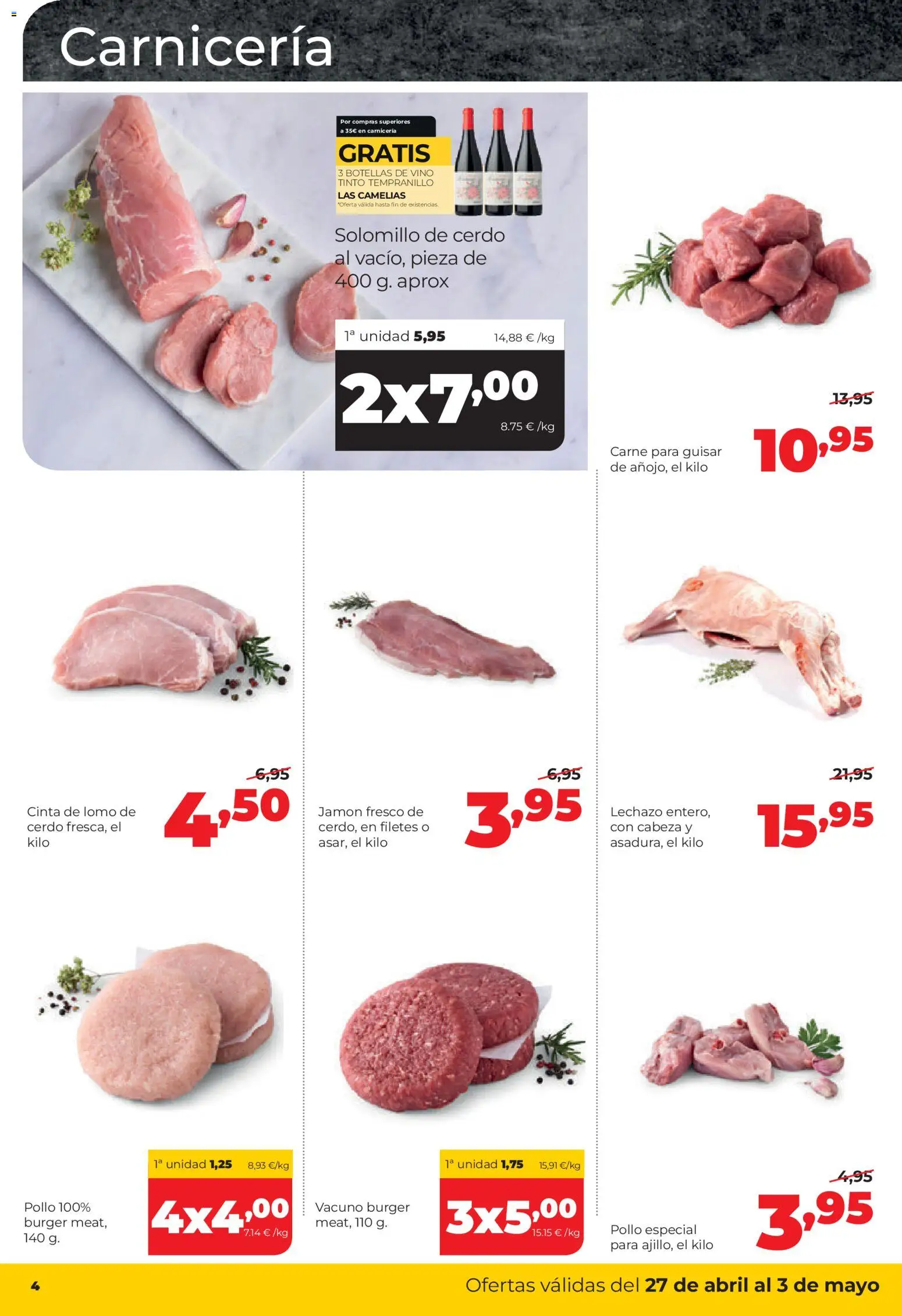 Alimerka folleto Zamora │ válido desde el 27.04.2026 | Página: 4 | Productos: Solomillo de cerdo, Jamón, Vino, Cerdo