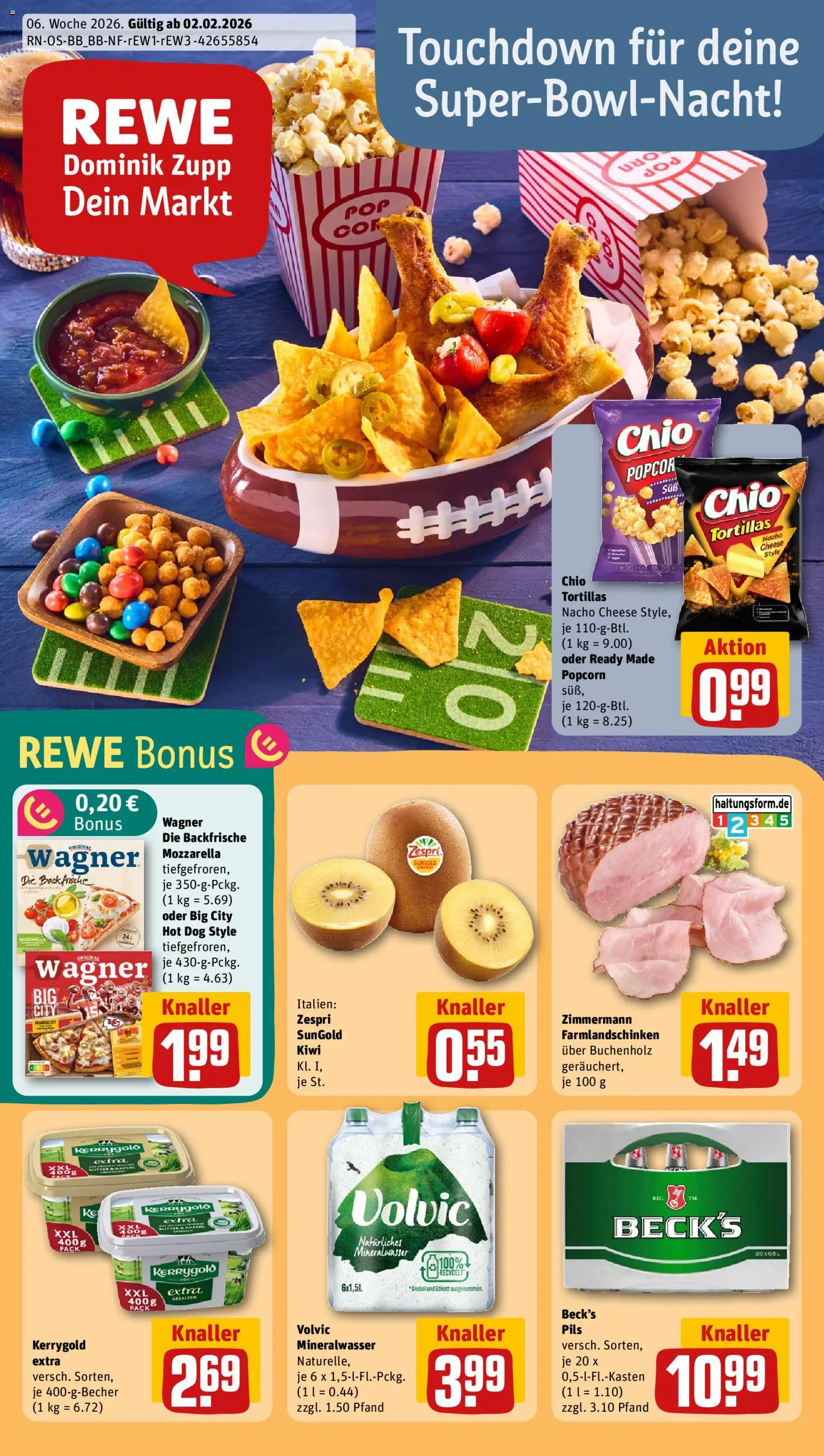Rewe Prospekt 	 – gültig ab 02.02.2026 | Seite: 1 | Produkte: Mozzarella, Mineralwasser, Pizza, Chips