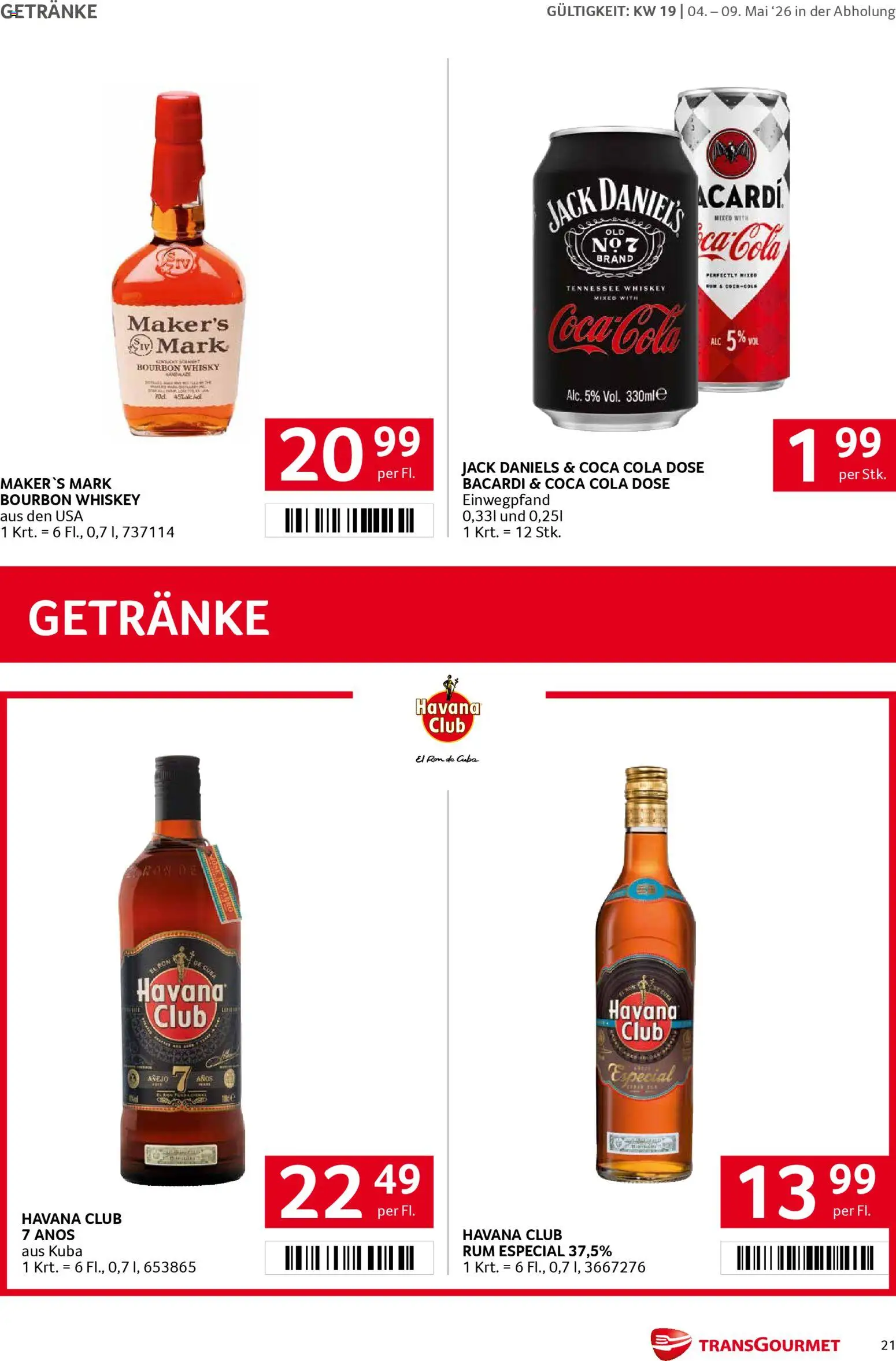 Transgourmet Flugblatt gültig ab 04.05.2026 | Seite: 21 | Produkte: Whiskey, Bourbon