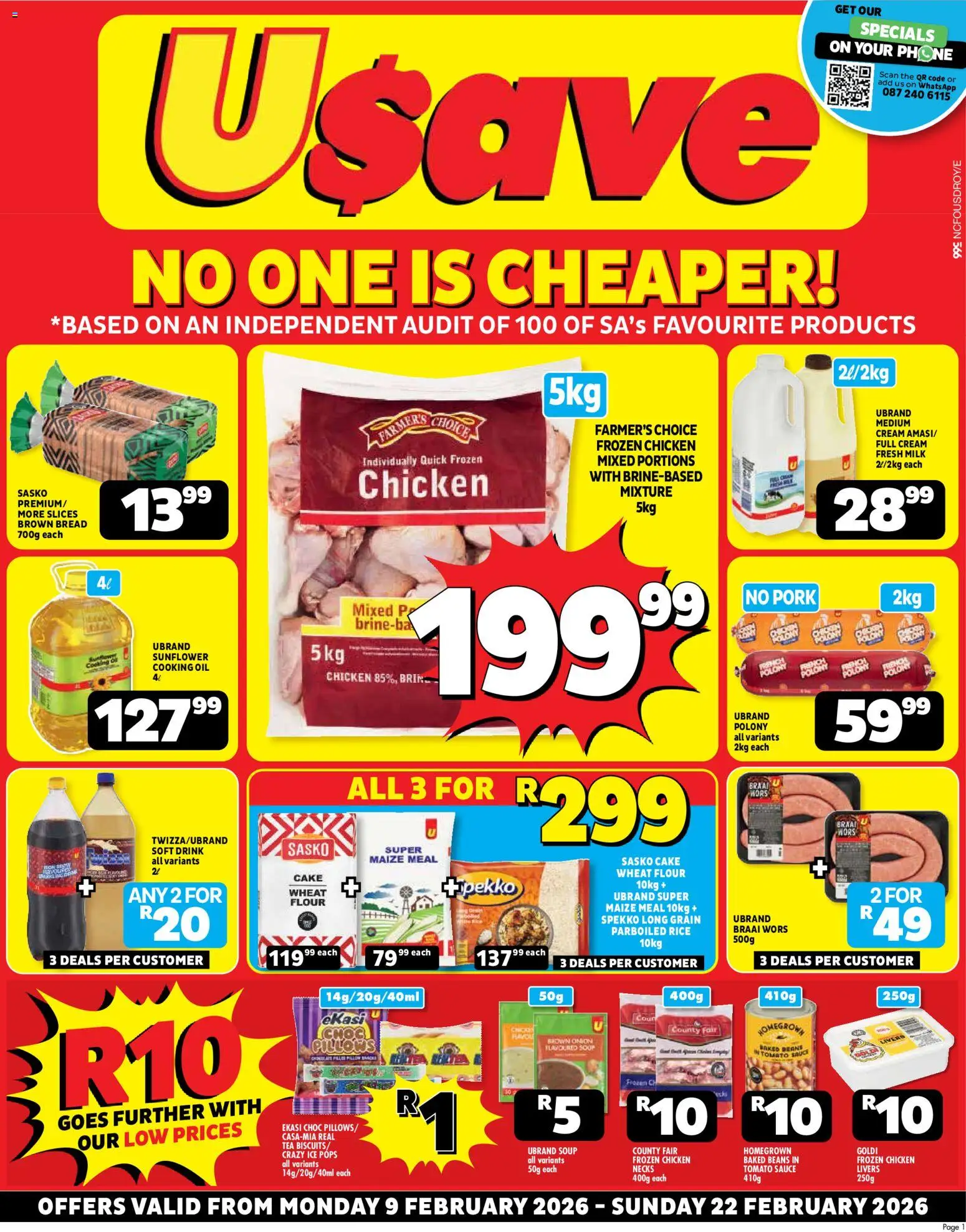 New Usave catalogue – valid from 09.02.2026 | Page: 1 | Products: Cake, Maize meal, Chicken, Tea