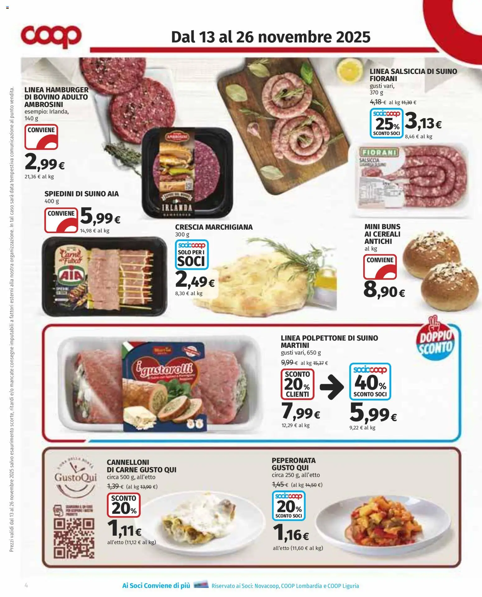 Volantino COOP del 13.11.2025 | Pagina: 4 | Prodotti: Cereali, Data, Hamburger, Spiedini